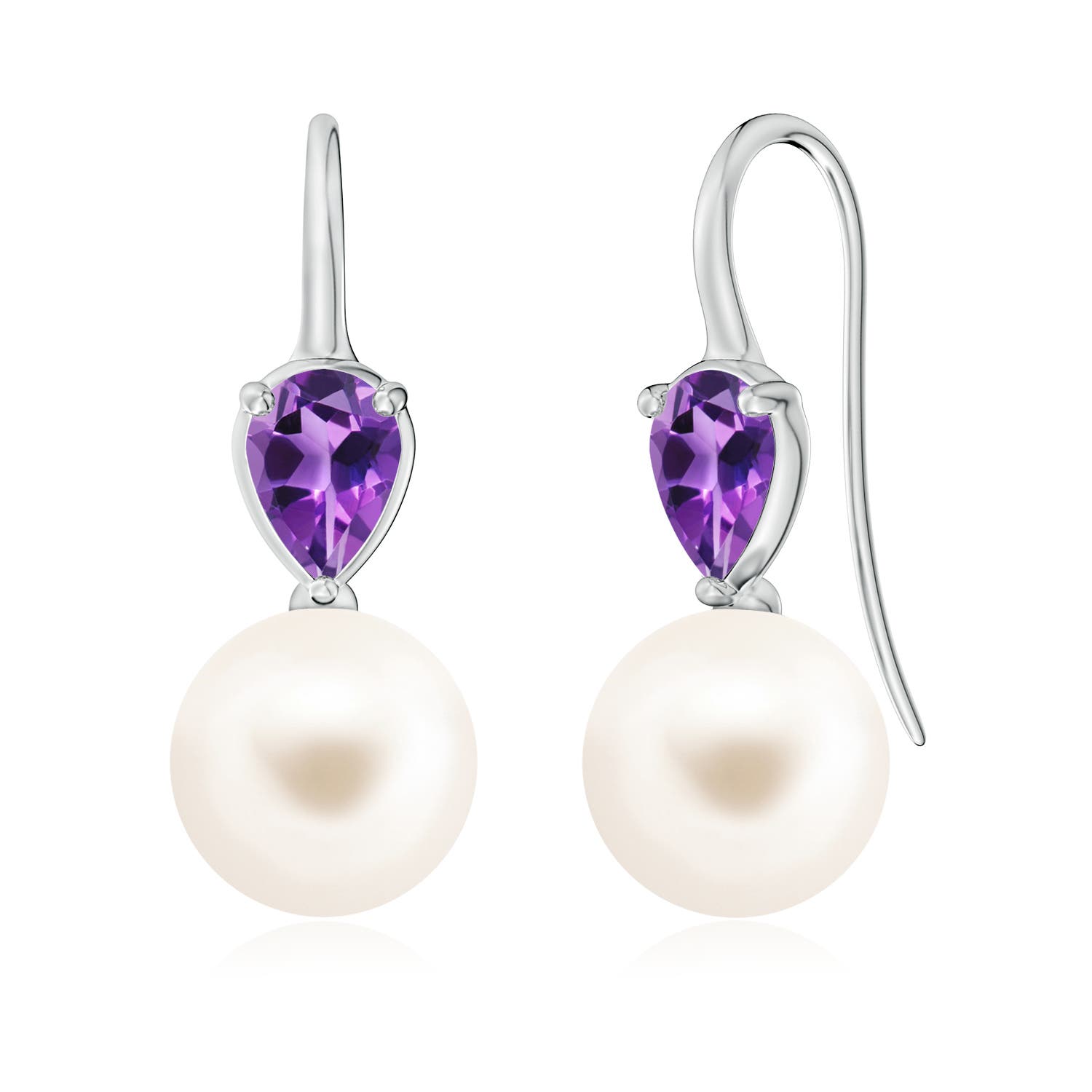 10mm AAA Freshwater Pearl and Pear Amethyst Ear Wire Earrings in White Gold