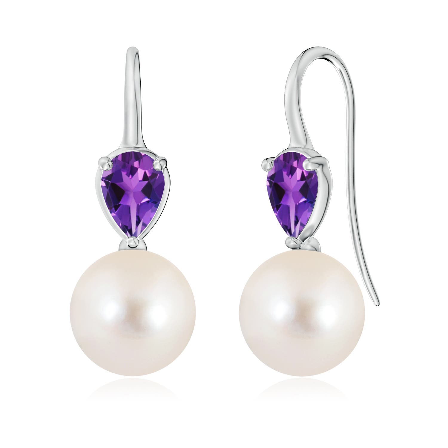10mm AAAA Freshwater Pearl and Pear Amethyst Ear Wire Earrings in 18K White Gold