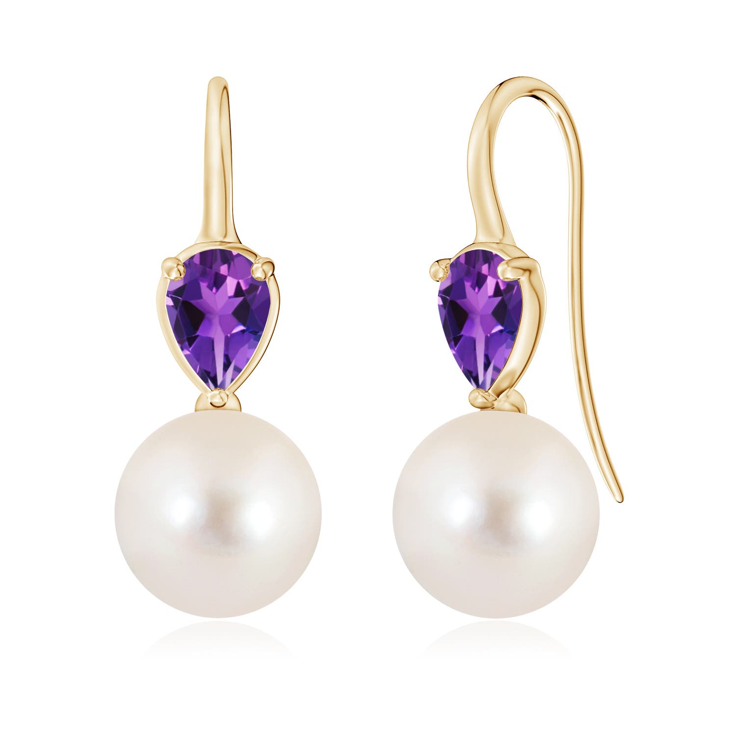 10mm AAAA Freshwater Pearl and Pear Amethyst Ear Wire Earrings in 18K Yellow Gold
