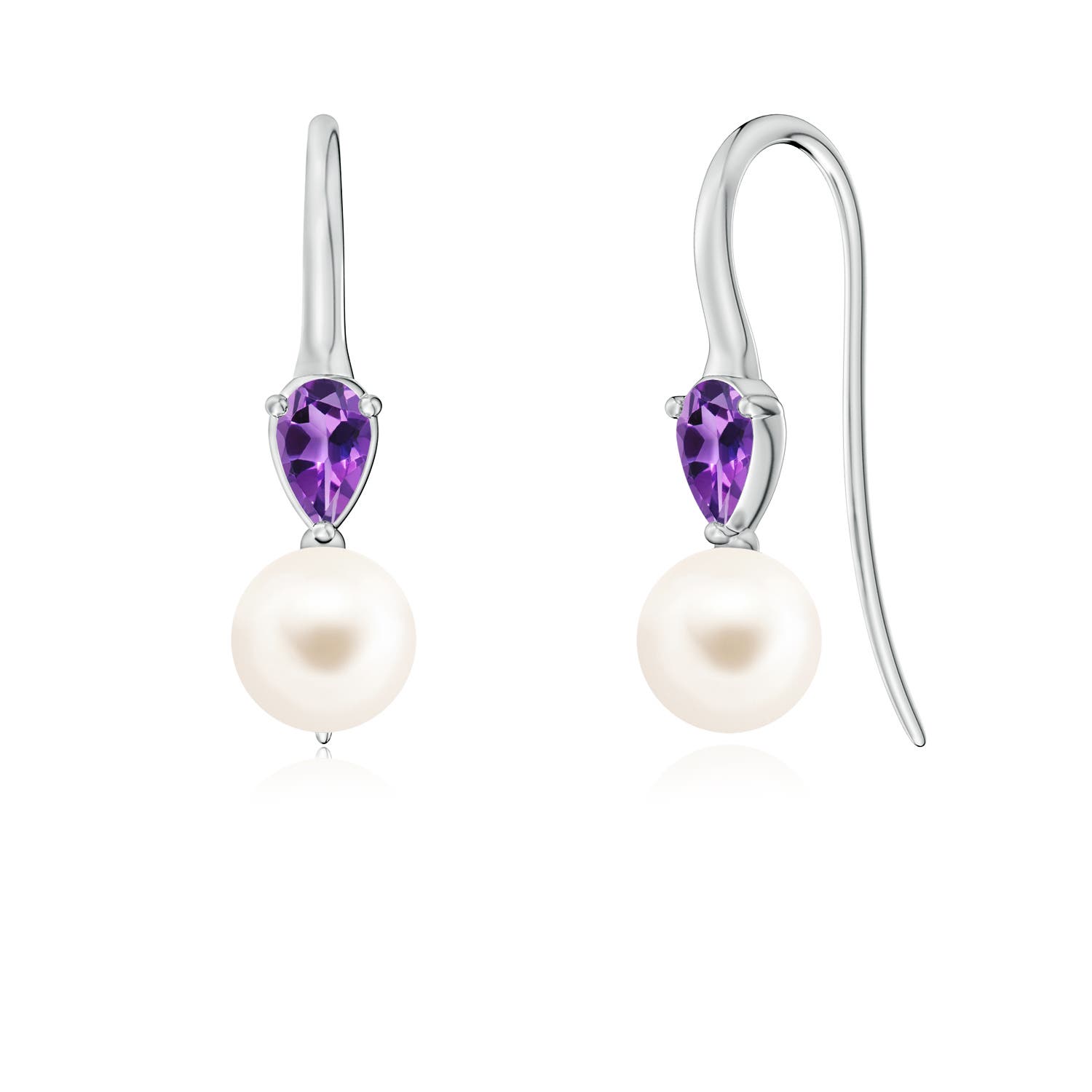 6mm AAA Freshwater Pearl and Pear Amethyst Ear Wire Earrings in White Gold