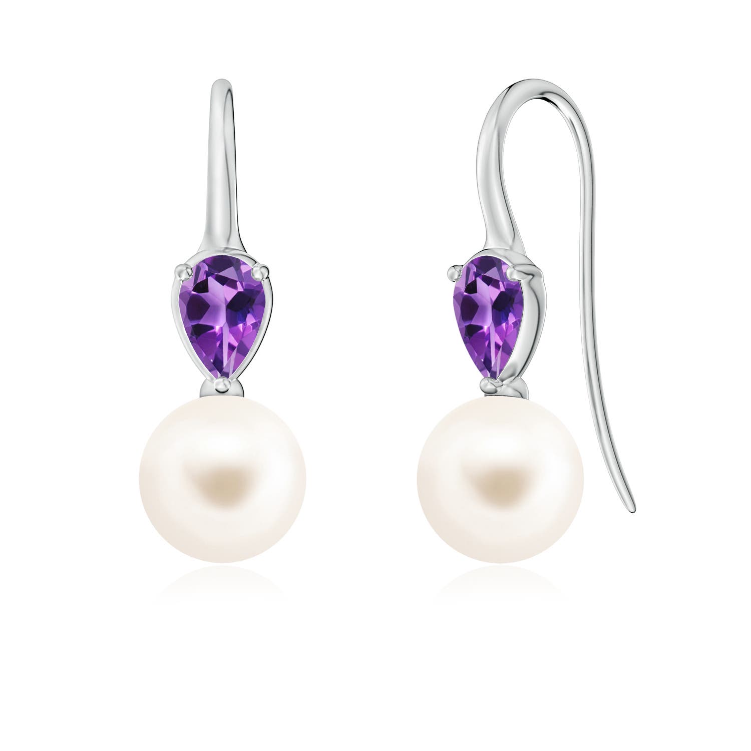 8mm AAA Freshwater Pearl and Pear Amethyst Ear Wire Earrings in White Gold