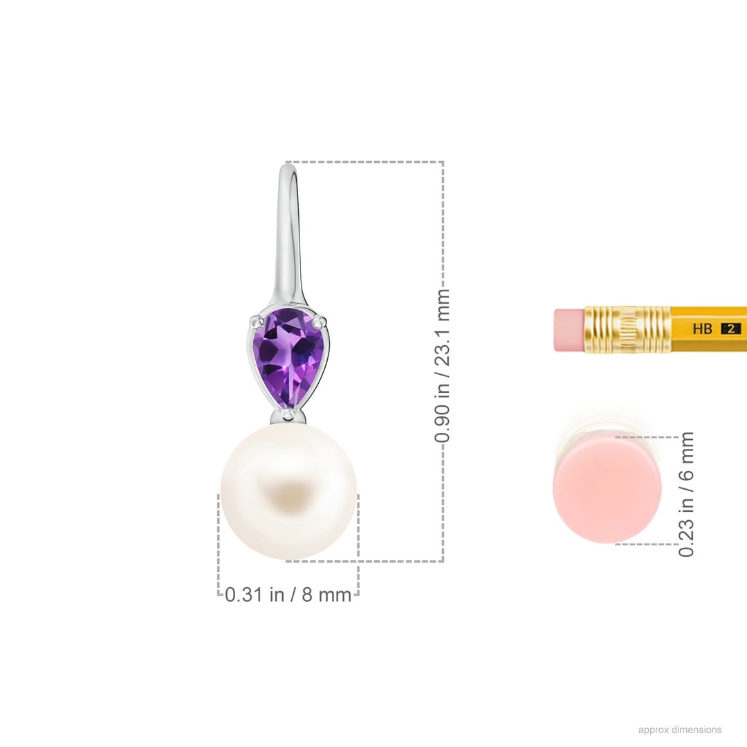 8mm AAA Freshwater Pearl and Pear Amethyst Ear Wire Earrings in White Gold - ruler