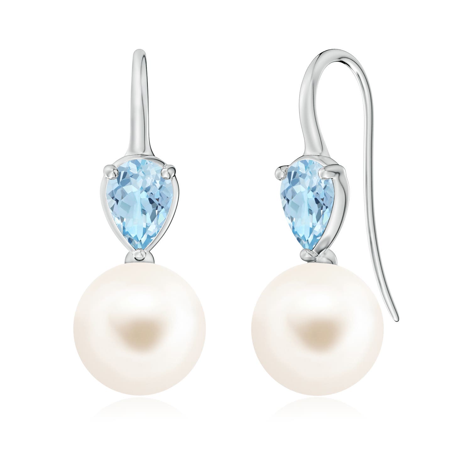 10mm AAA Freshwater Pearl and Pear Aquamarine Ear Wire Earrings in 18CT White Gold