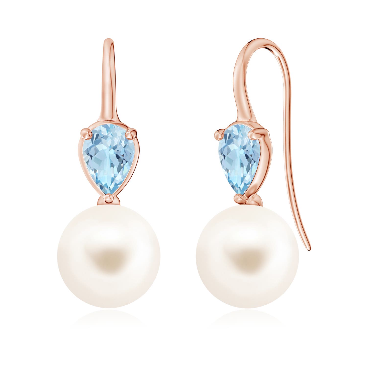 10mm AAA Freshwater Pearl and Pear Aquamarine Ear Wire Earrings in Rose Gold