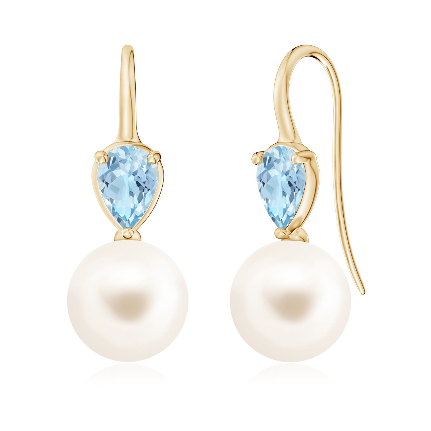10mm AAA Freshwater Pearl and Pear Aquamarine Ear Wire Earrings in Yellow Gold