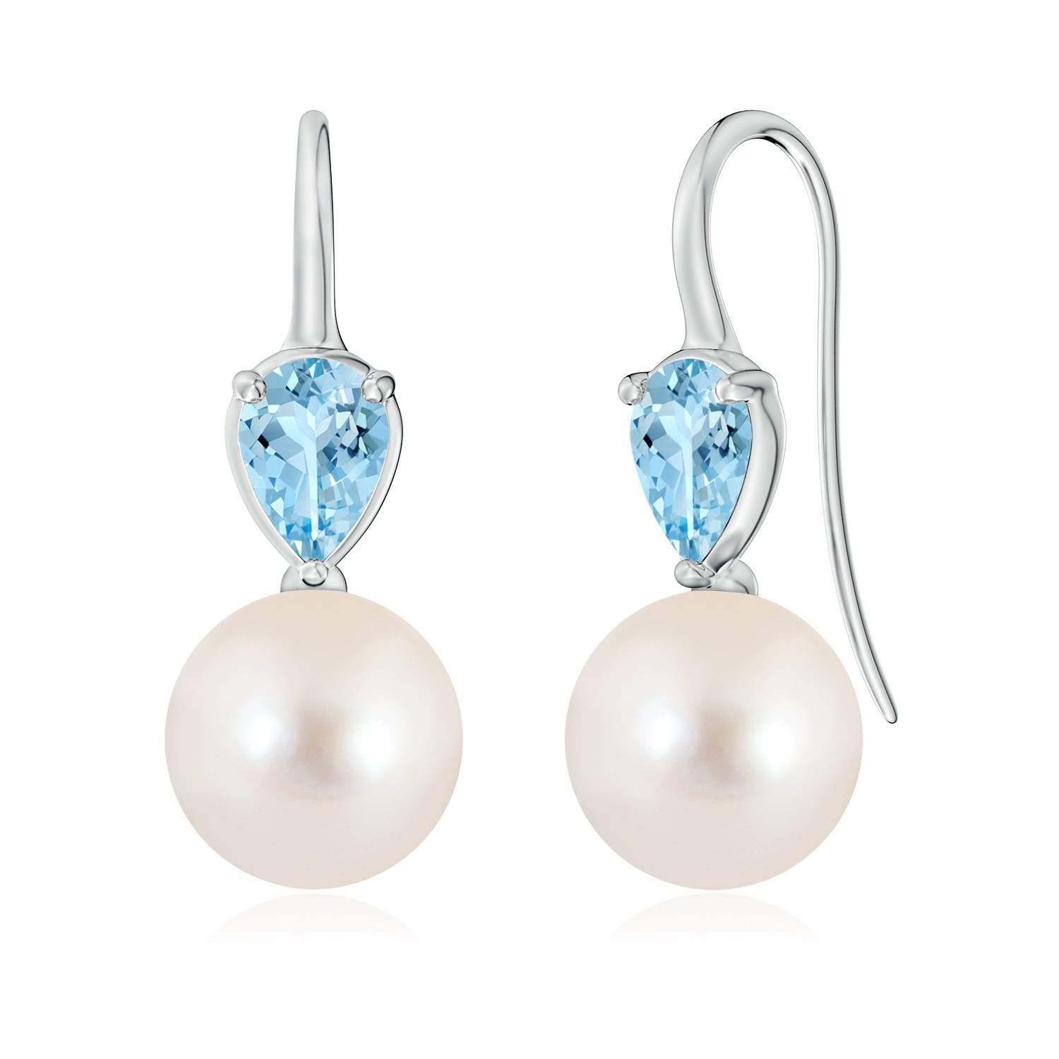 10mm AAAA Freshwater Pearl and Pear Aquamarine Ear Wire Earrings in White Gold