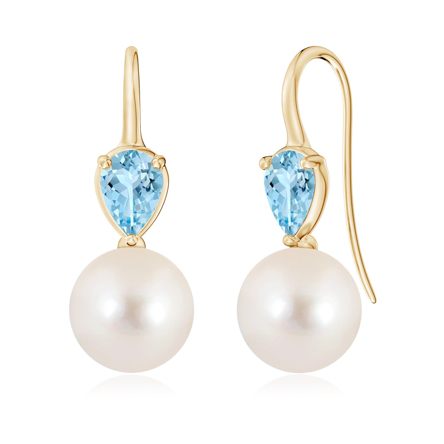 10mm AAAA Freshwater Pearl and Pear Aquamarine Ear Wire Earrings in Yellow Gold