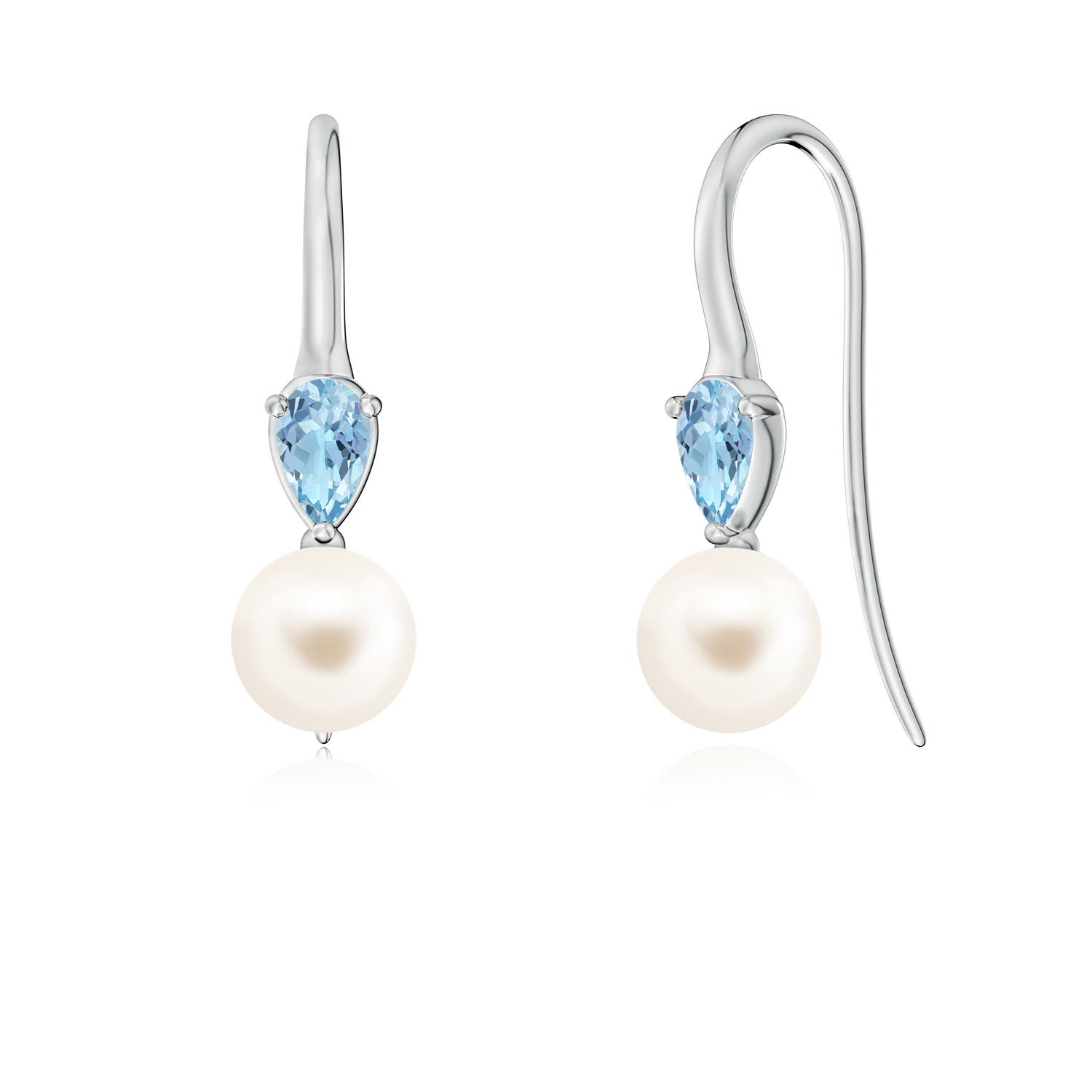 6mm AAA Freshwater Pearl and Pear Aquamarine Ear Wire Earrings in White Gold