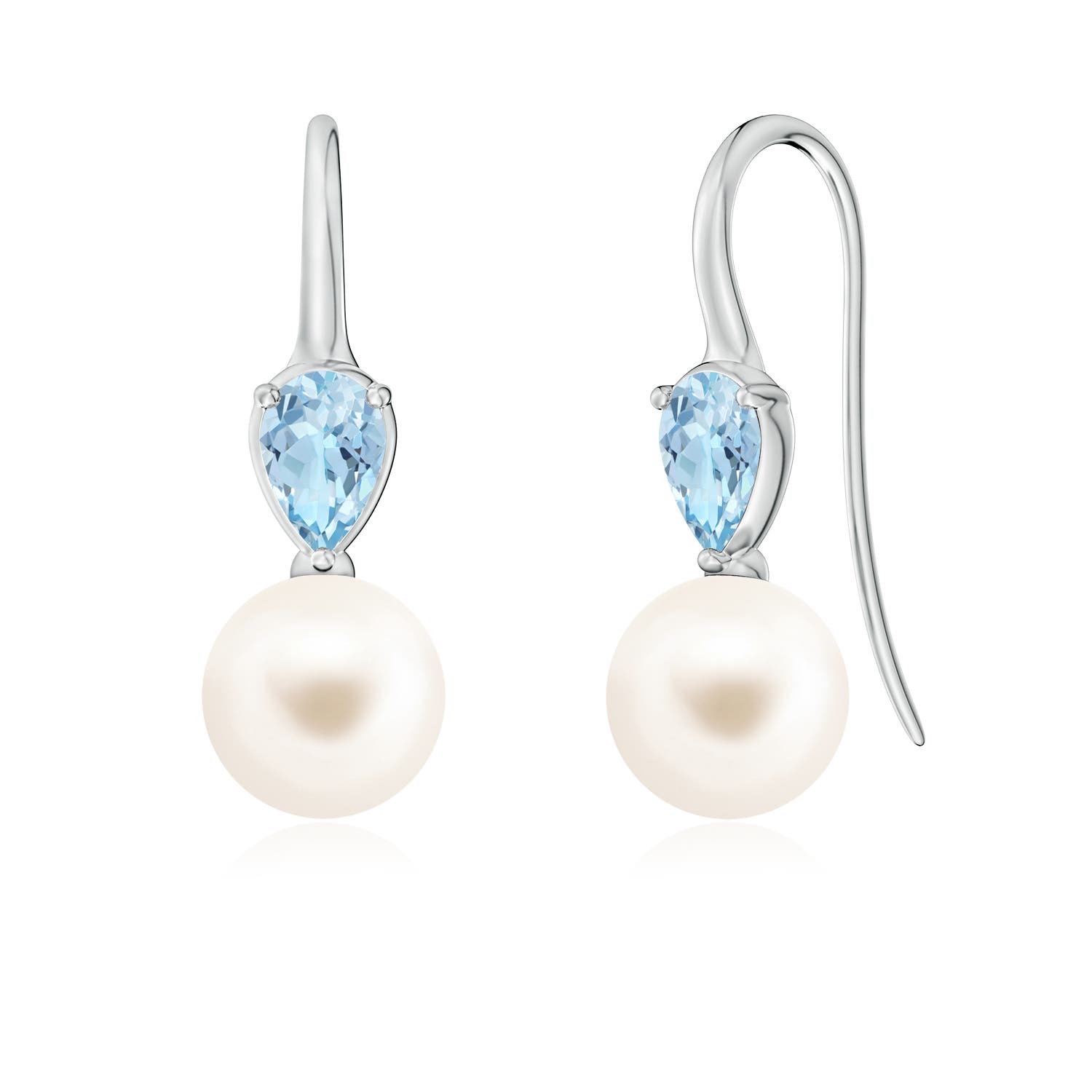 8mm AAA Freshwater Pearl and Pear Aquamarine Ear Wire Earrings in White Gold