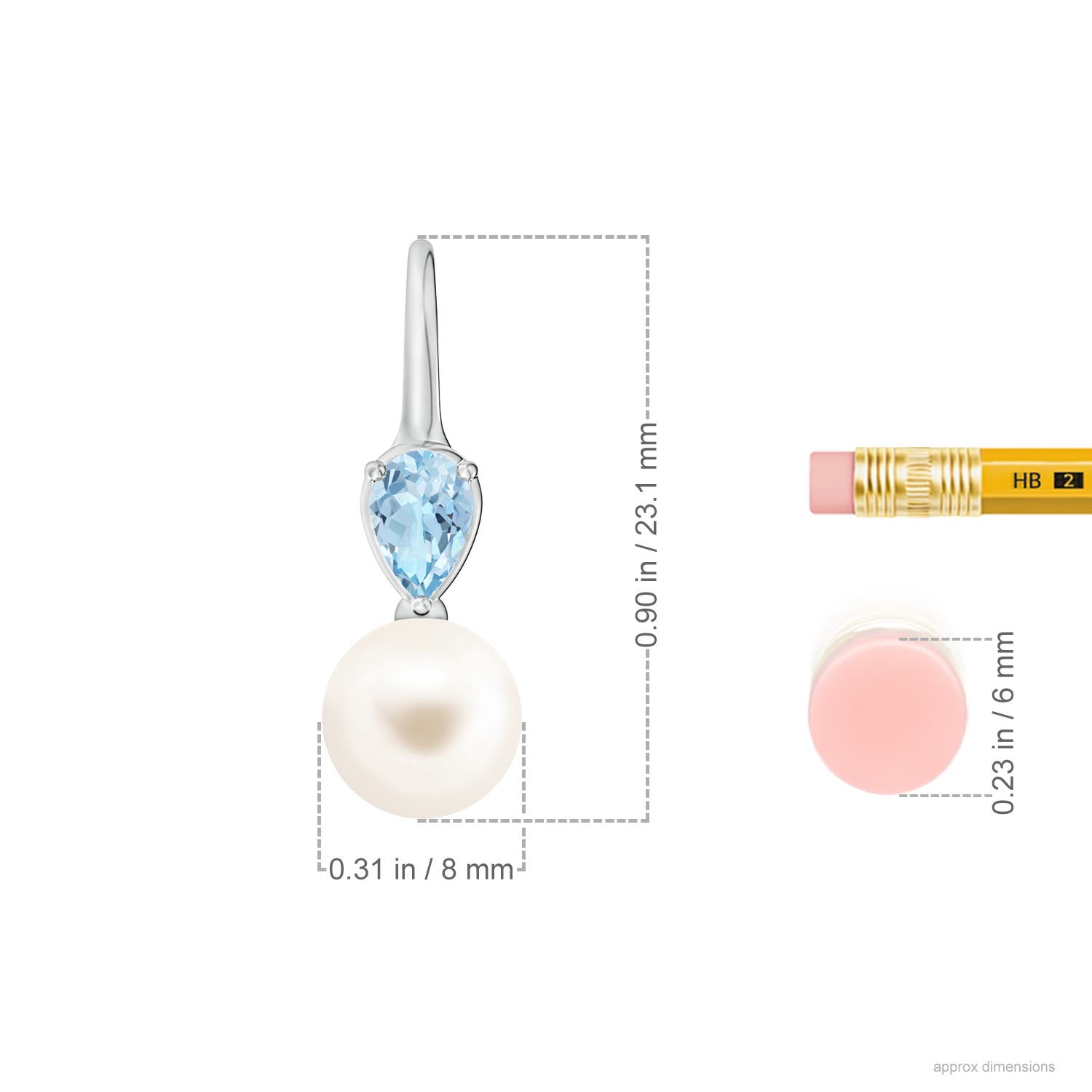 8mm AAA Freshwater Pearl and Pear Aquamarine Ear Wire Earrings in White Gold - ruler