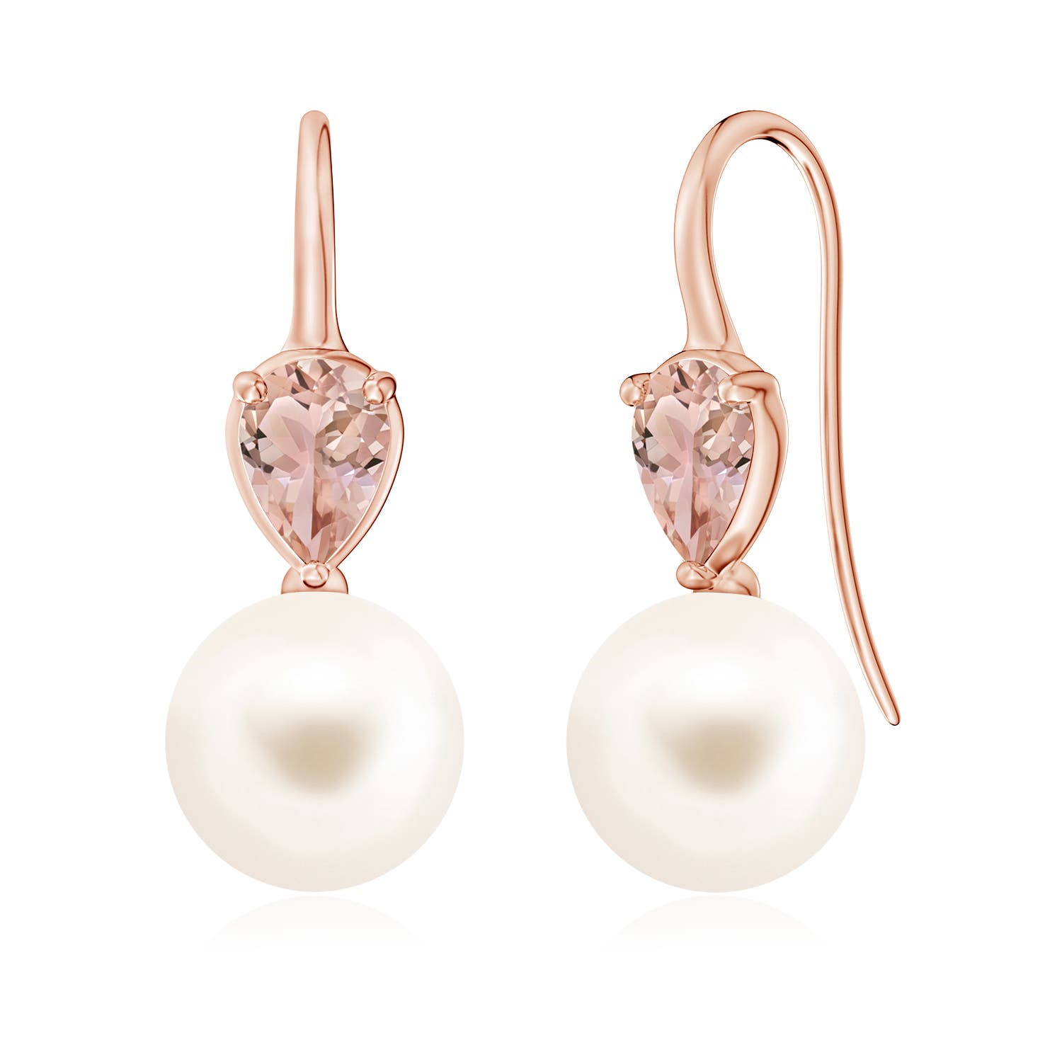 10mm AAA Freshwater Pearl and Pear Morganite Ear Wire Earrings in 18CT Rose Gold