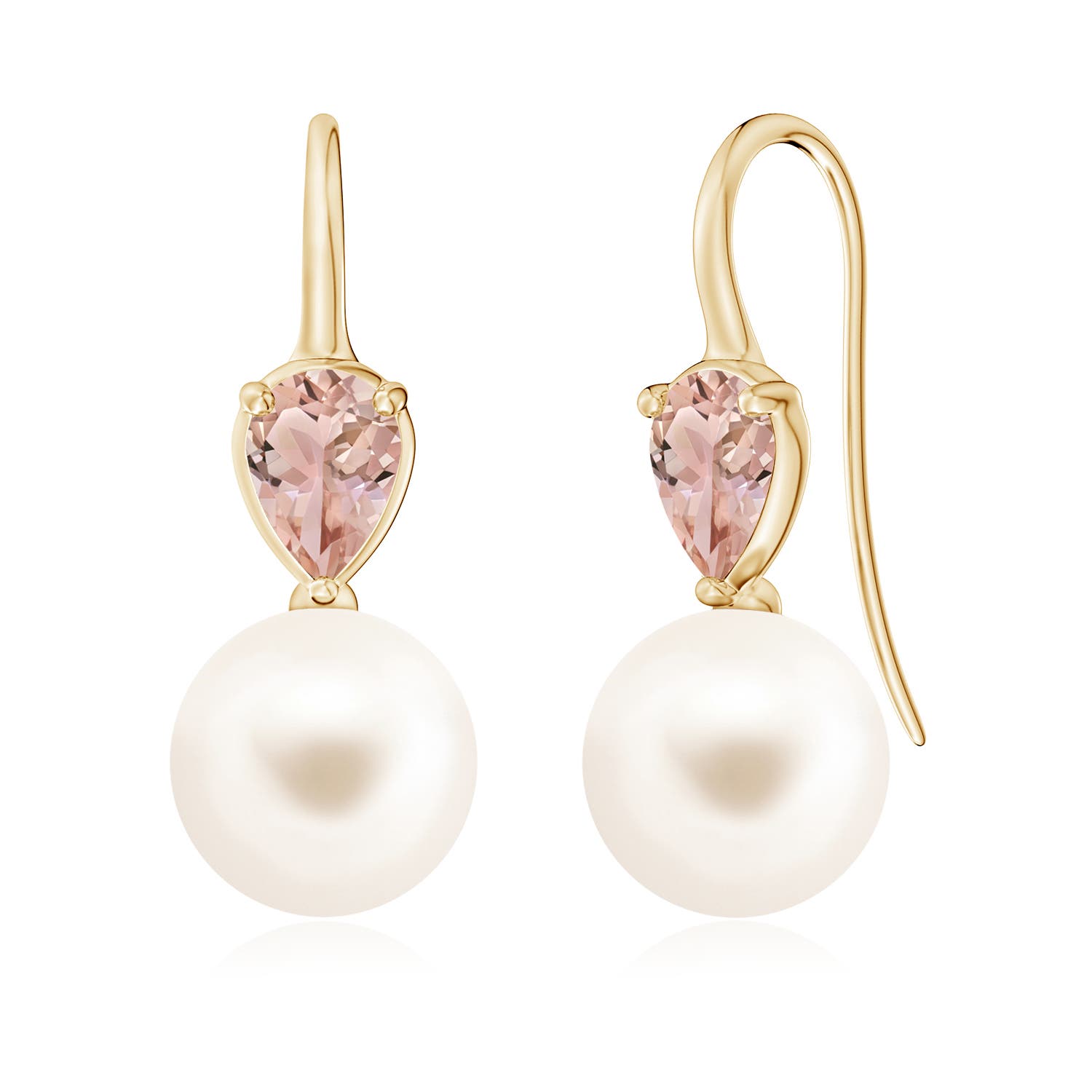 10mm AAA Freshwater Pearl and Pear Morganite Ear Wire Earrings in Yellow Gold