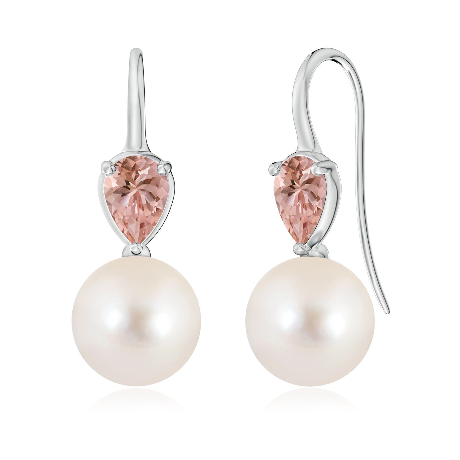 10mm AAAA Freshwater Pearl and Pear Morganite Ear Wire Earrings in White Gold