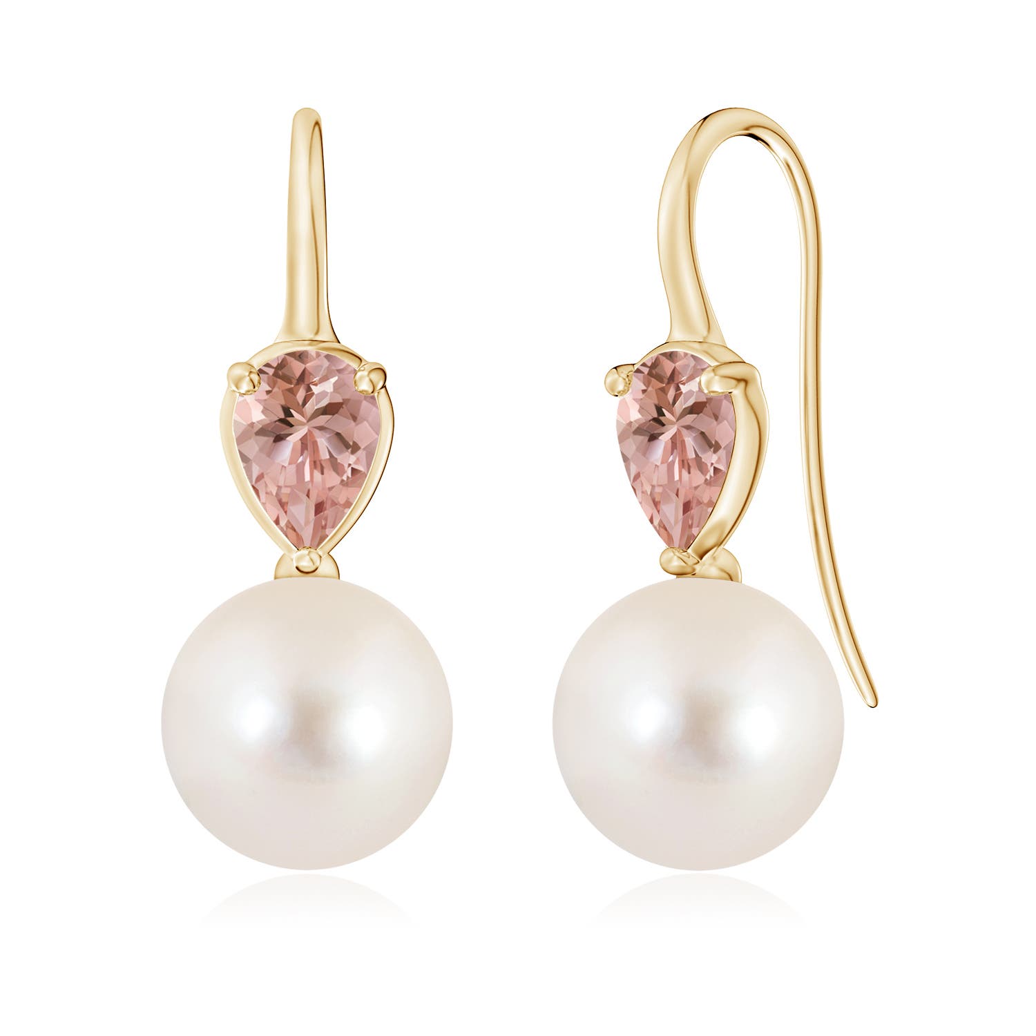 10mm AAAA Freshwater Pearl and Pear Morganite Ear Wire Earrings in Yellow Gold