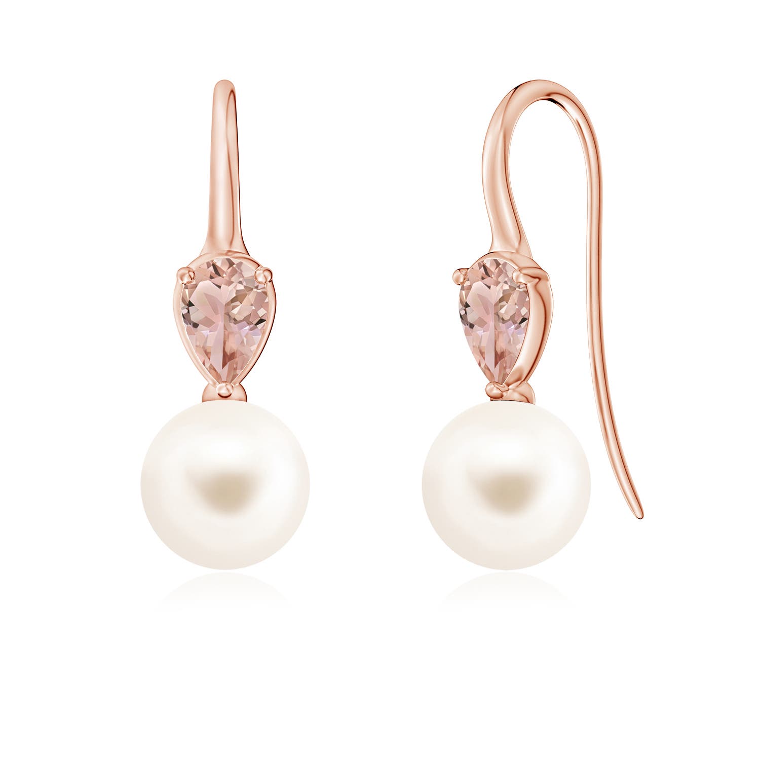 8mm AAA Freshwater Pearl and Pear Morganite Ear Wire Earrings in Rose Gold