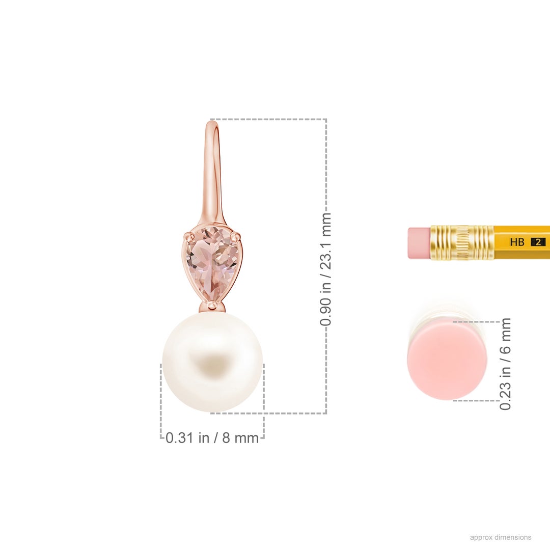 8mm AAA Freshwater Pearl and Pear Morganite Ear Wire Earrings in Rose Gold - ruler