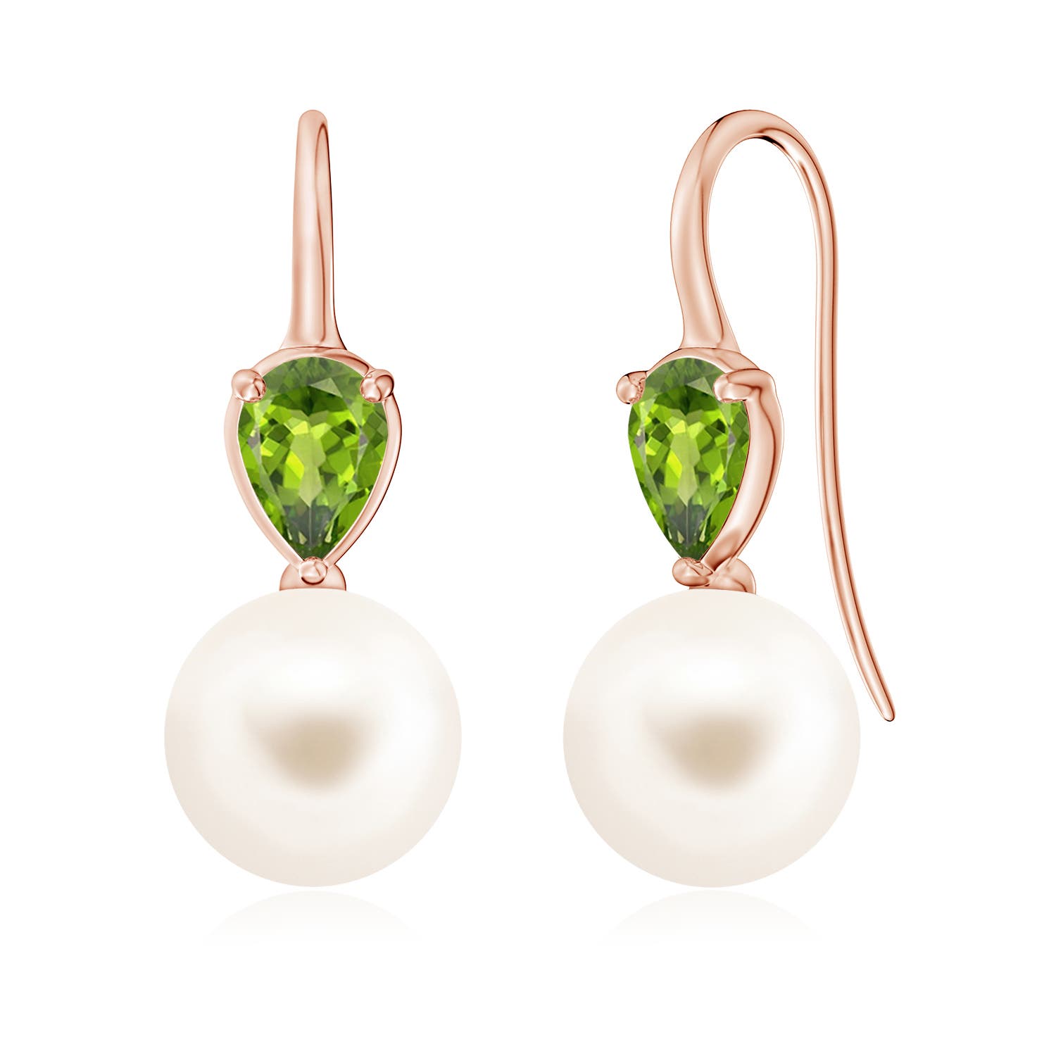 10mm AAA Freshwater Pearl and Pear Peridot Ear Wire Earrings in 18K Rose Gold