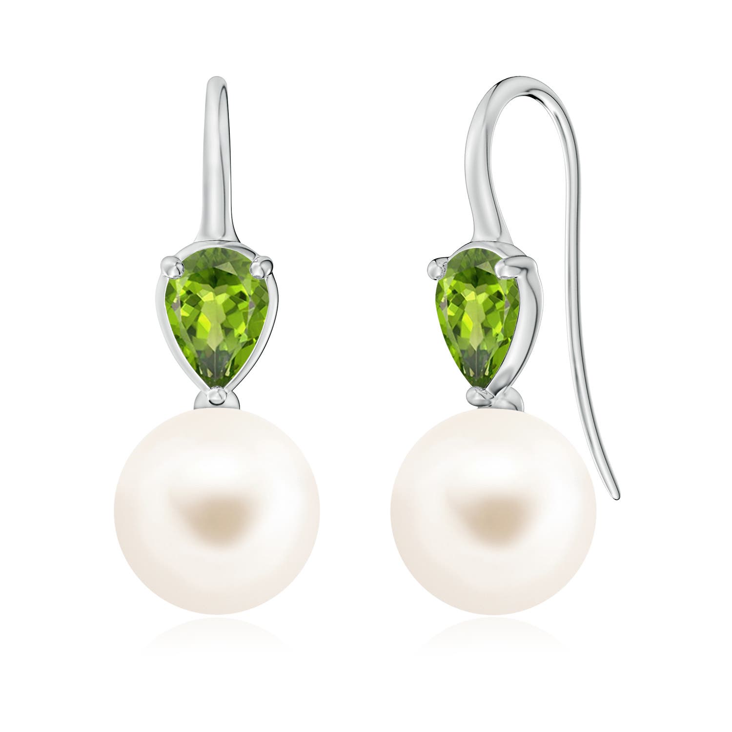 10mm AAA Freshwater Pearl and Pear Peridot Ear Wire Earrings in 18CT White Gold