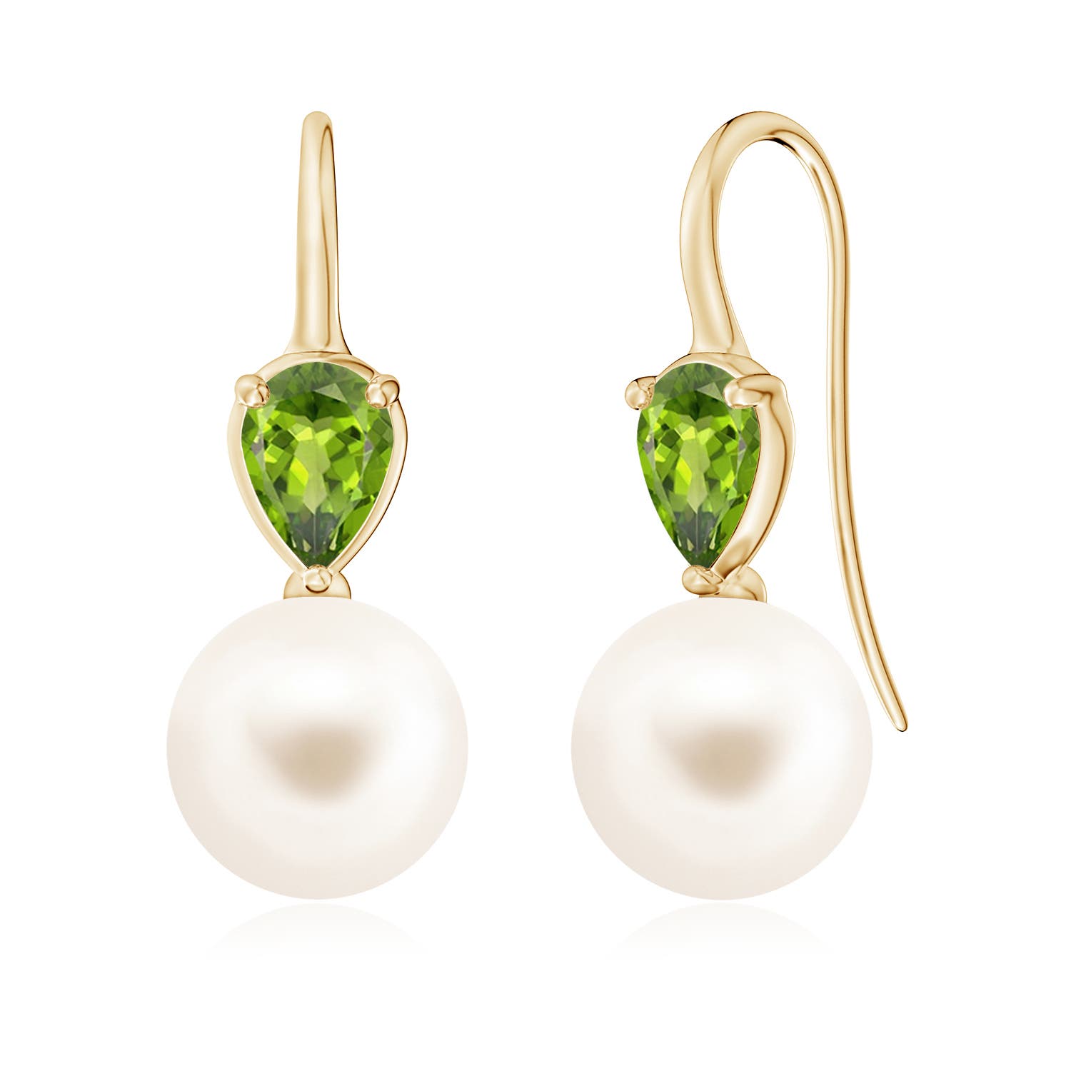 10mm AAA Freshwater Pearl and Pear Peridot Ear Wire Earrings in 18K Yellow Gold