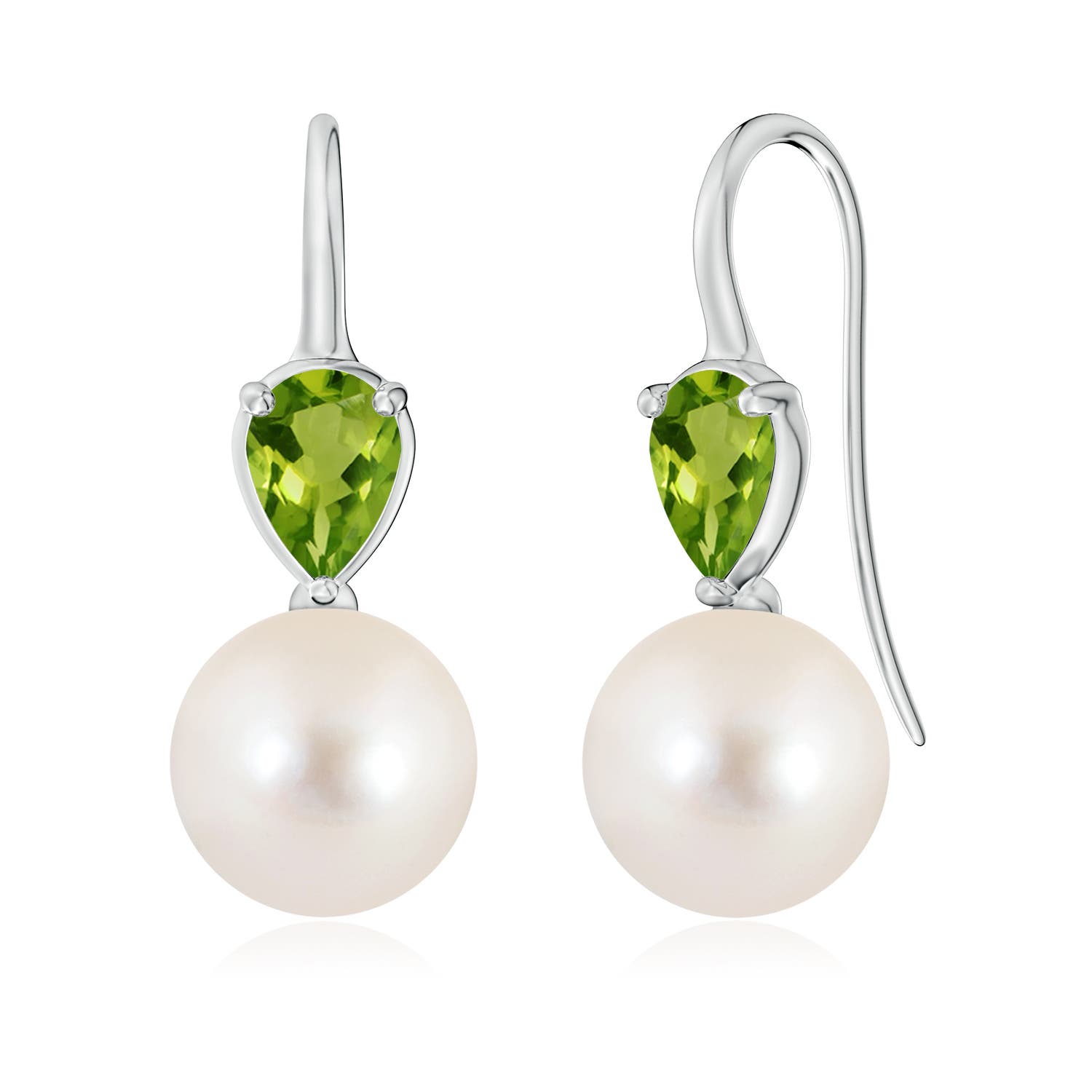 10mm AAAA Freshwater Pearl and Pear Peridot Ear Wire Earrings in 18K White Gold