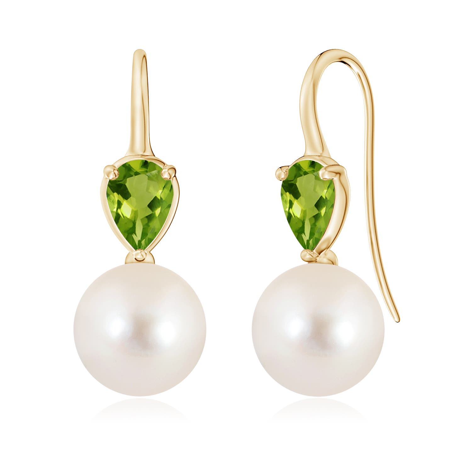 10mm AAAA Freshwater Pearl and Pear Peridot Ear Wire Earrings in 18K Yellow Gold
