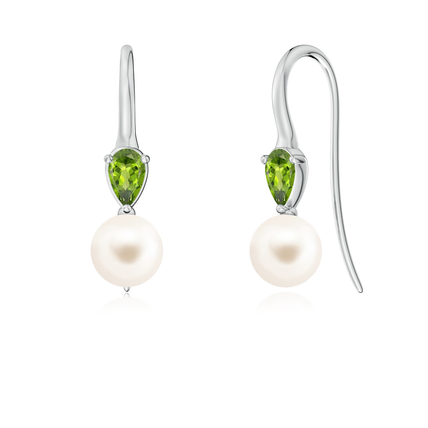 6mm AAA Freshwater Pearl and Pear Peridot Ear Wire Earrings in White Gold
