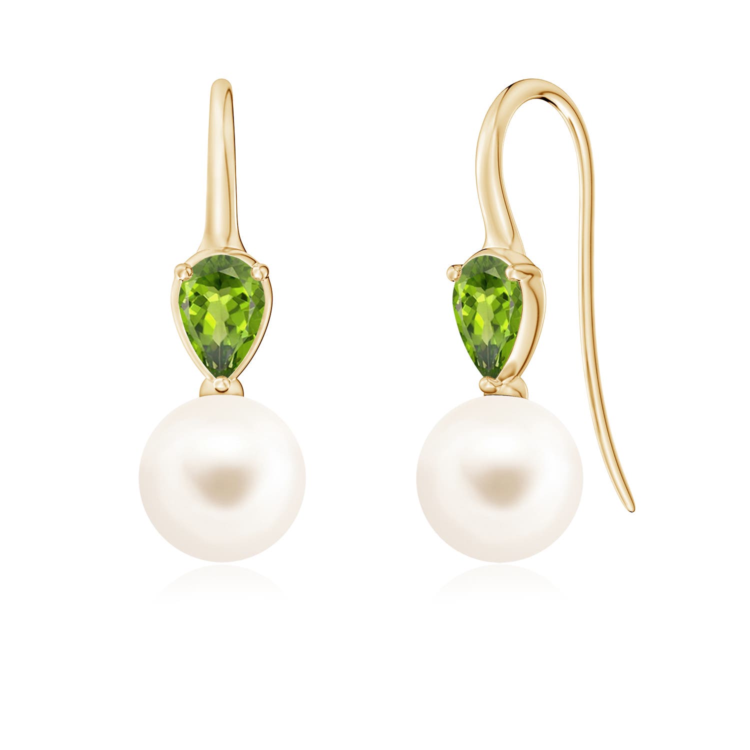 8mm AAA Freshwater Pearl and Pear Peridot Ear Wire Earrings in Yellow Gold