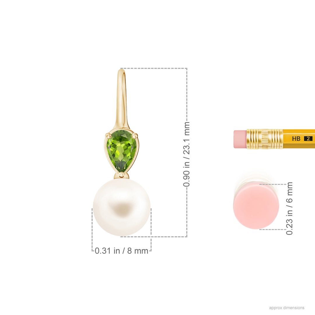 8mm AAA Freshwater Pearl and Pear Peridot Ear Wire Earrings in Yellow Gold - ruler