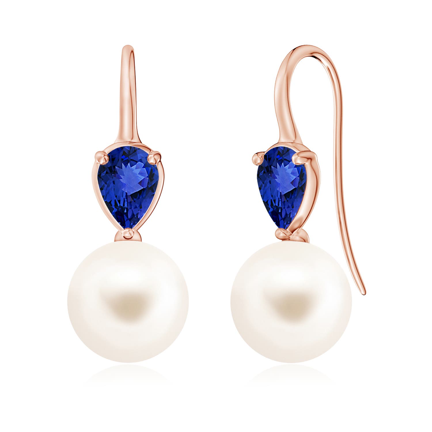 10mm AAA Freshwater Pearl and Pear Tanzanite Ear Wire Earrings in Rose Gold