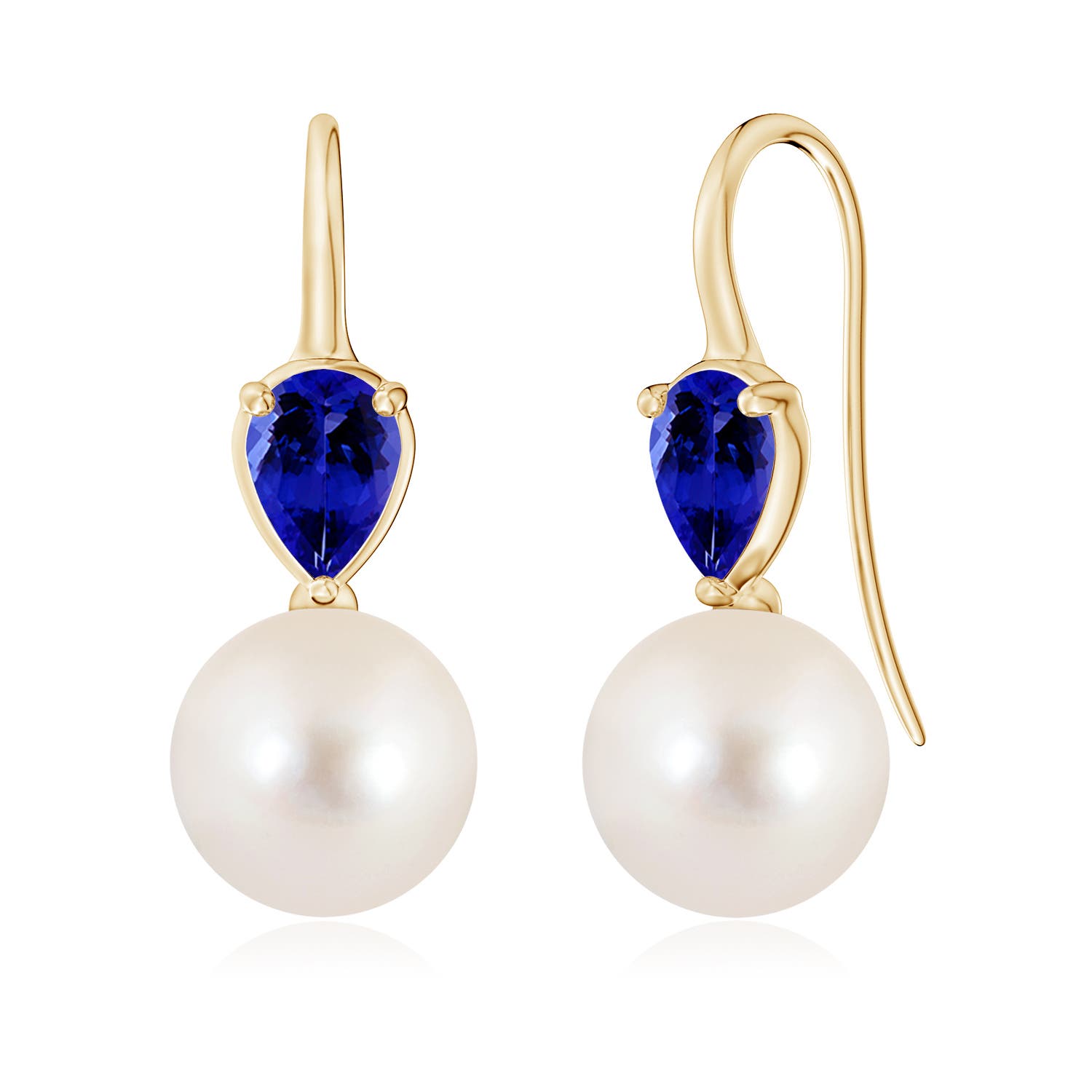 10mm AAAA Freshwater Pearl and Pear Tanzanite Ear Wire Earrings in Yellow Gold