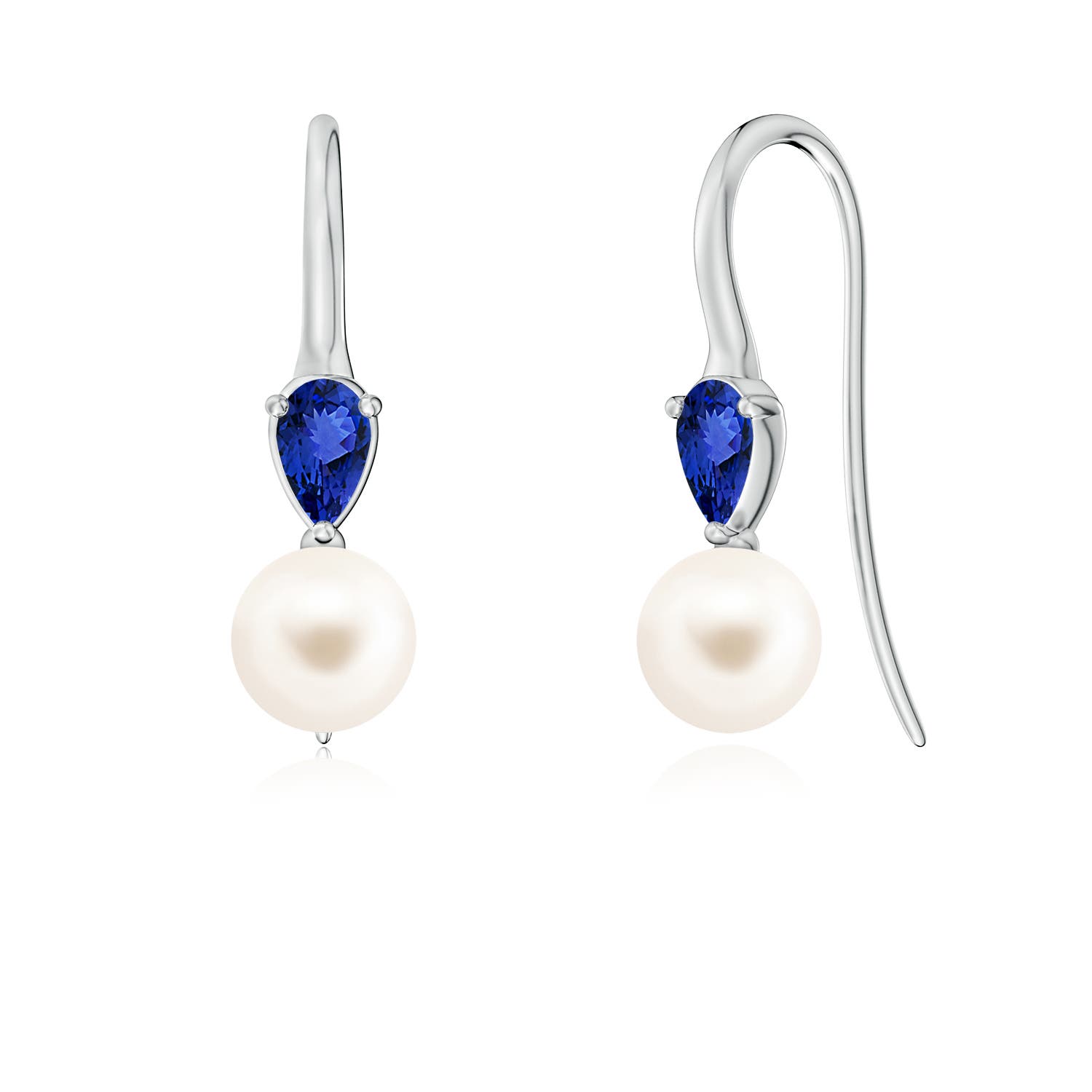 6mm AAA Freshwater Pearl and Pear Tanzanite Ear Wire Earrings in White Gold