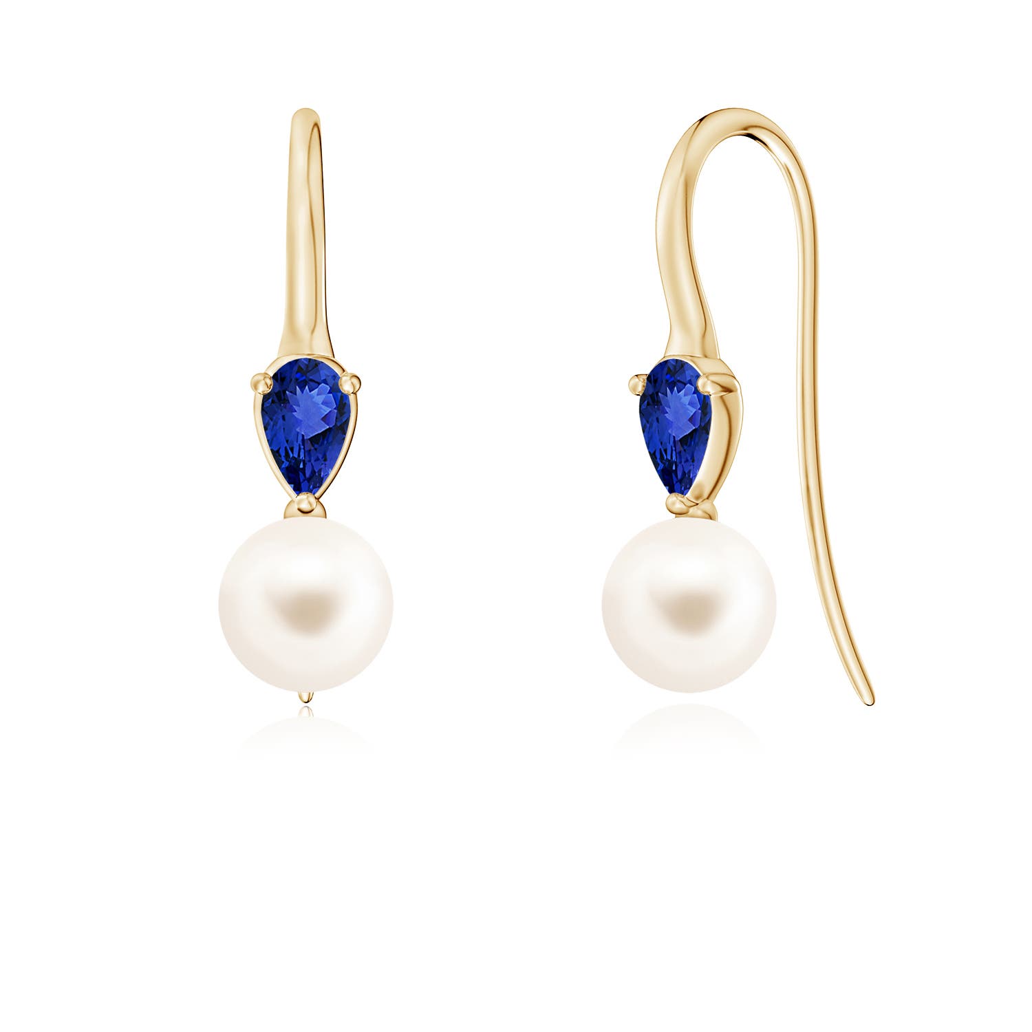 6mm AAA Freshwater Pearl and Pear Tanzanite Ear Wire Earrings in Yellow Gold