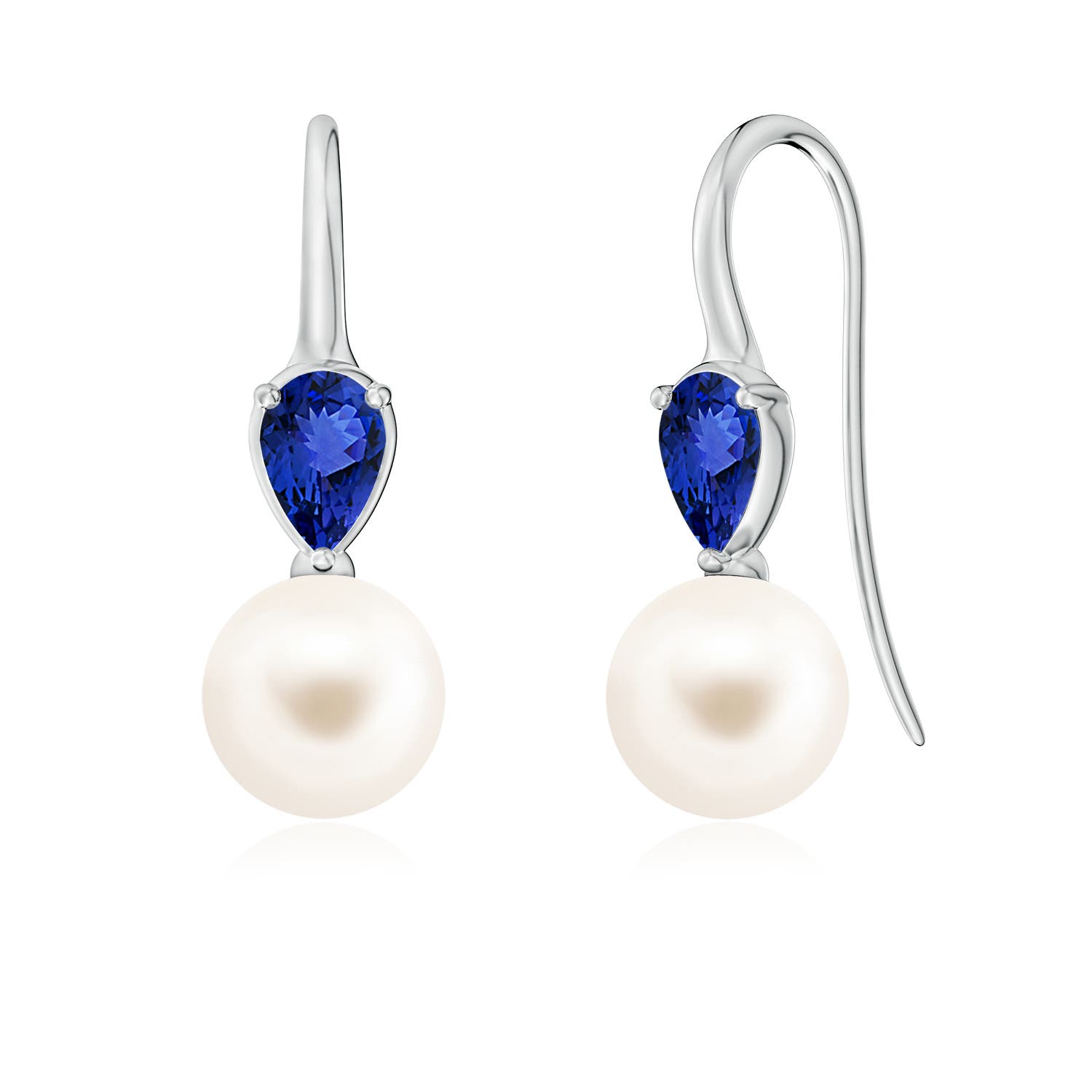 8mm AAA Freshwater Pearl and Pear Tanzanite Ear Wire Earrings in White Gold