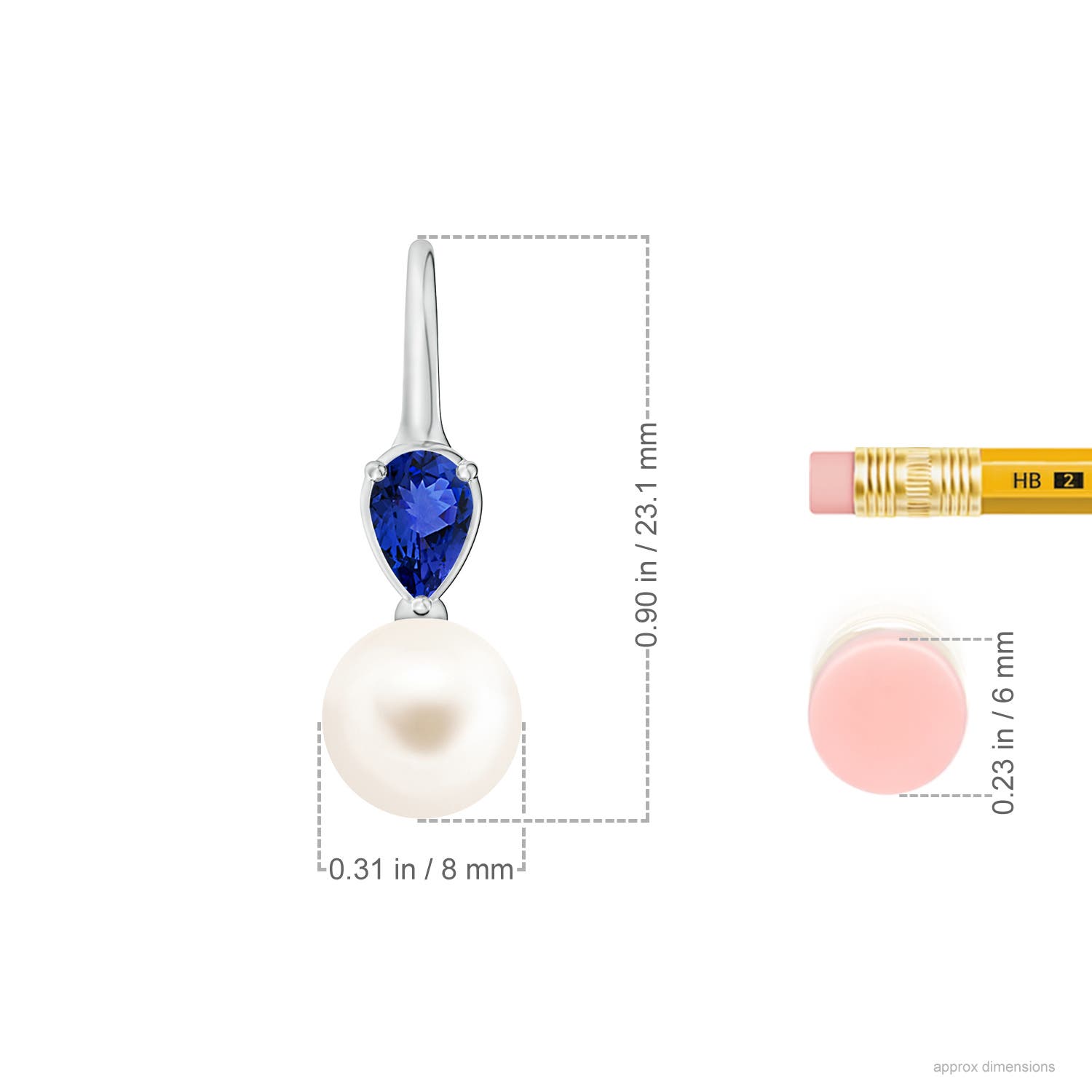 8mm AAA Freshwater Pearl and Pear Tanzanite Ear Wire Earrings in White Gold - ruler