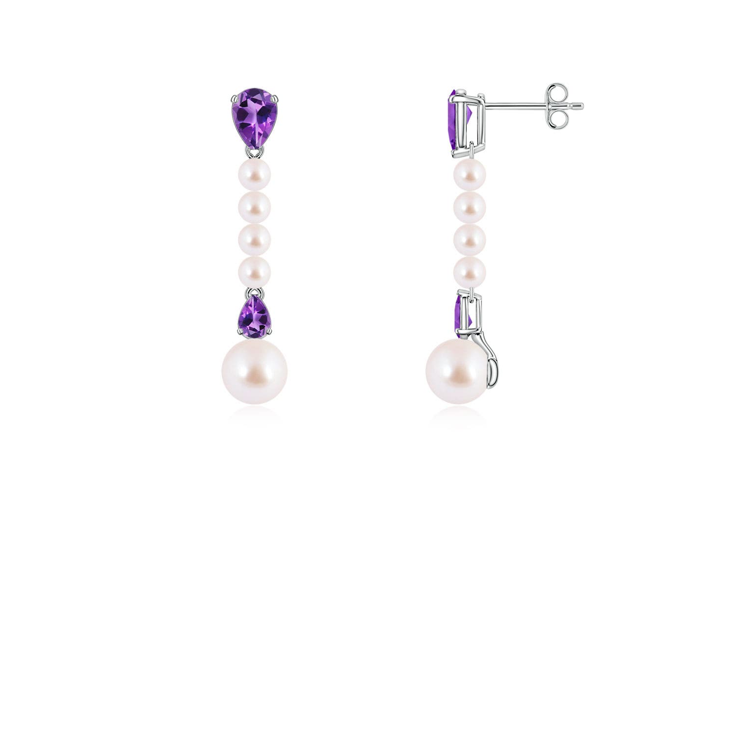6mm AAA Akoya Pearl and Pear Amethyst Long Dangle Earrings in White Gold