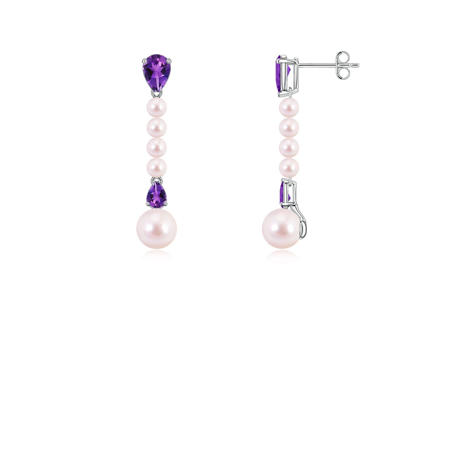 6mm AAAA Akoya Pearl and Pear Amethyst Long Dangle Earrings in White Gold