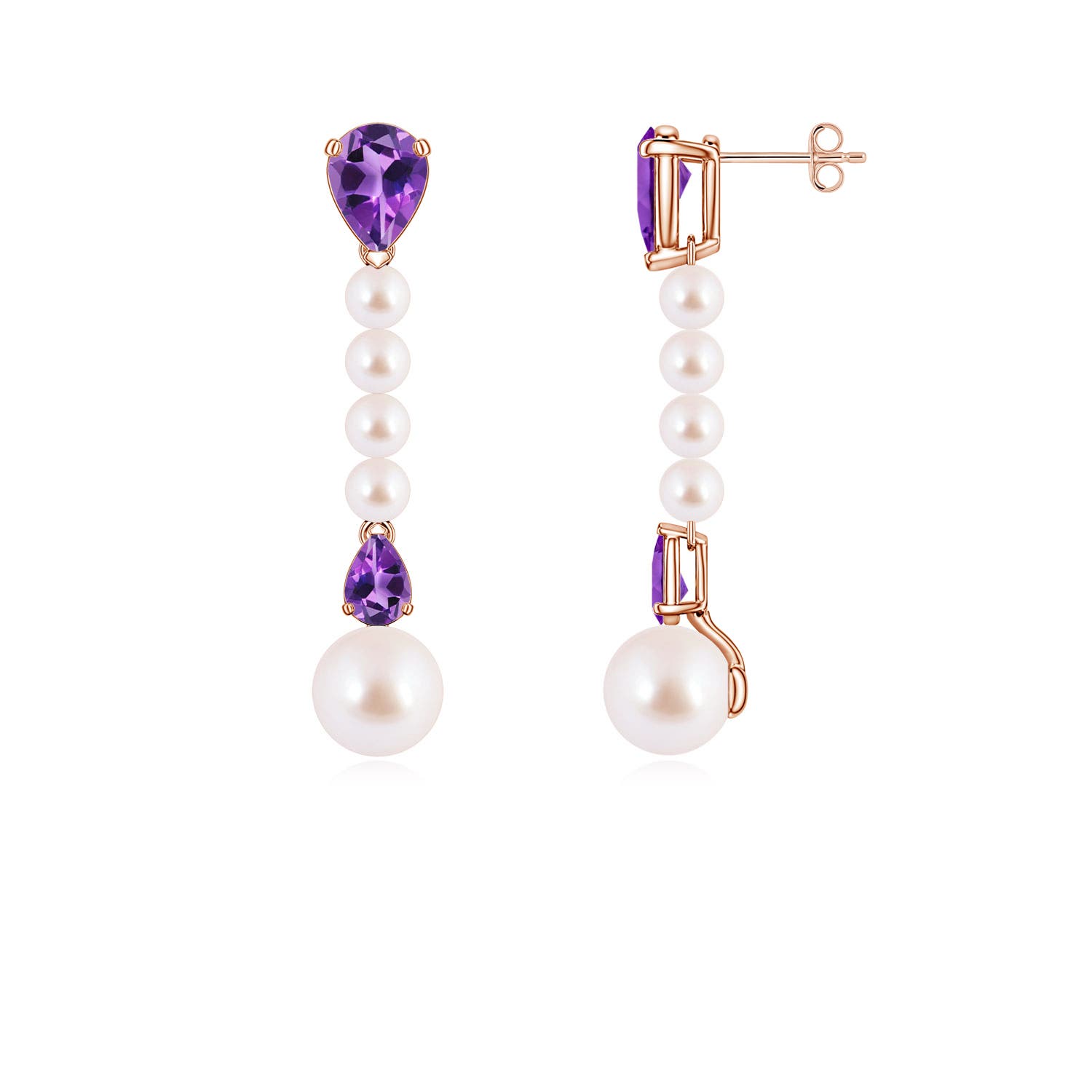 8mm AAA Akoya Pearl and Pear Amethyst Long Dangle Earrings in Rose Gold