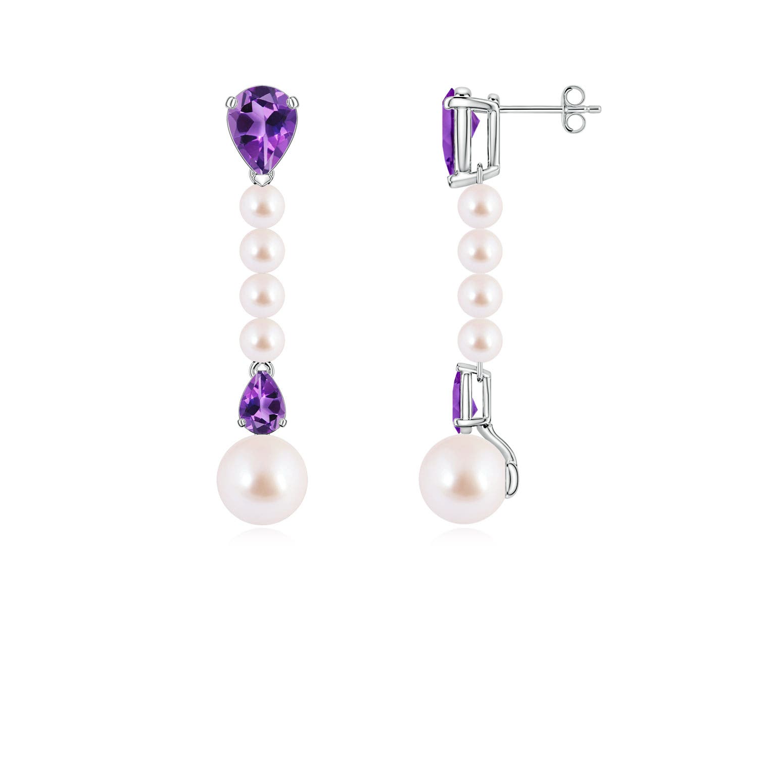 8mm AAA Akoya Pearl and Pear Amethyst Long Dangle Earrings in White Gold