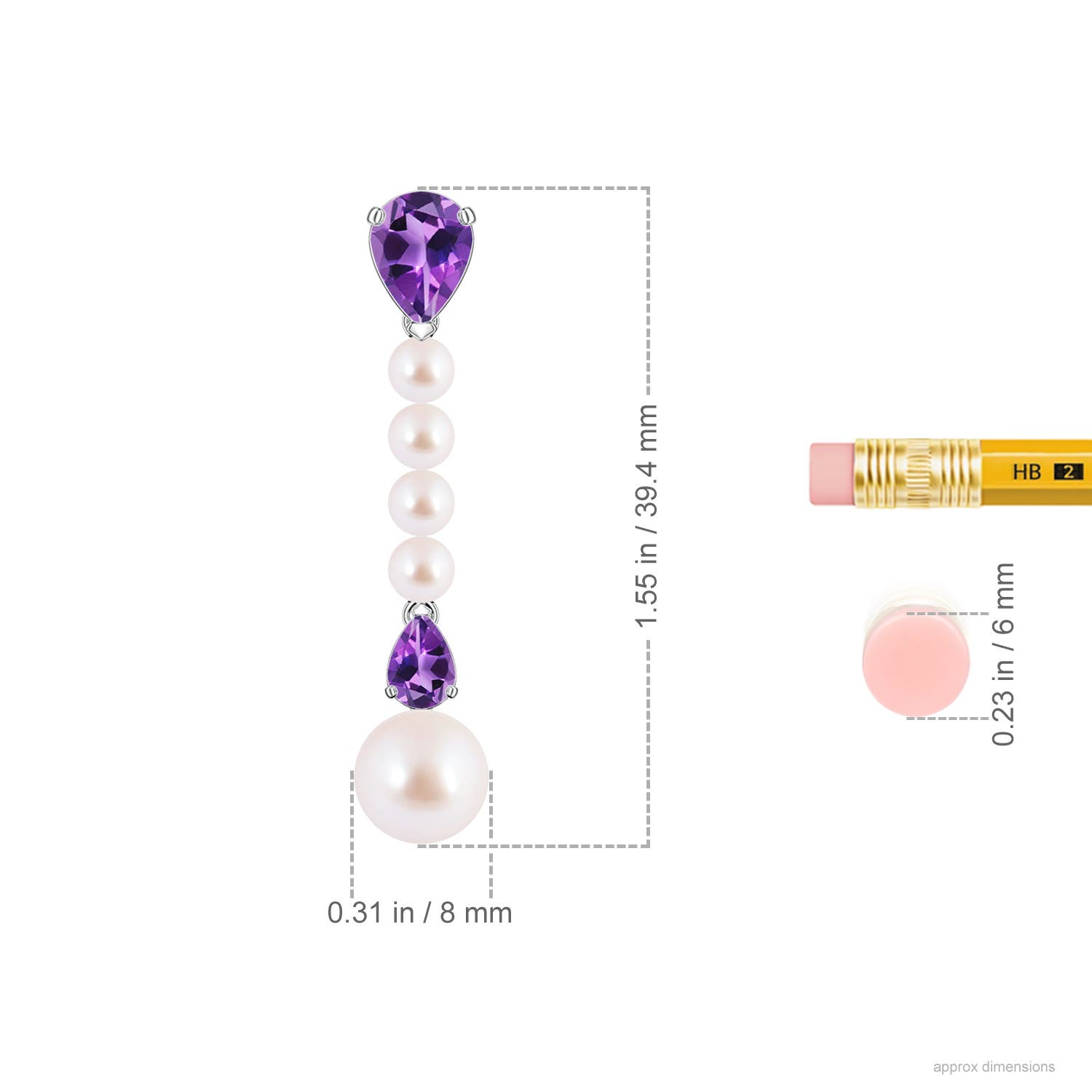 8mm AAA Akoya Pearl and Pear Amethyst Long Dangle Earrings in White Gold - ruler