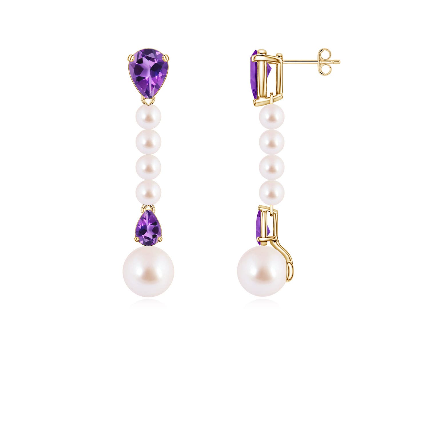 8mm AAA Akoya Pearl and Pear Amethyst Long Dangle Earrings in Yellow Gold