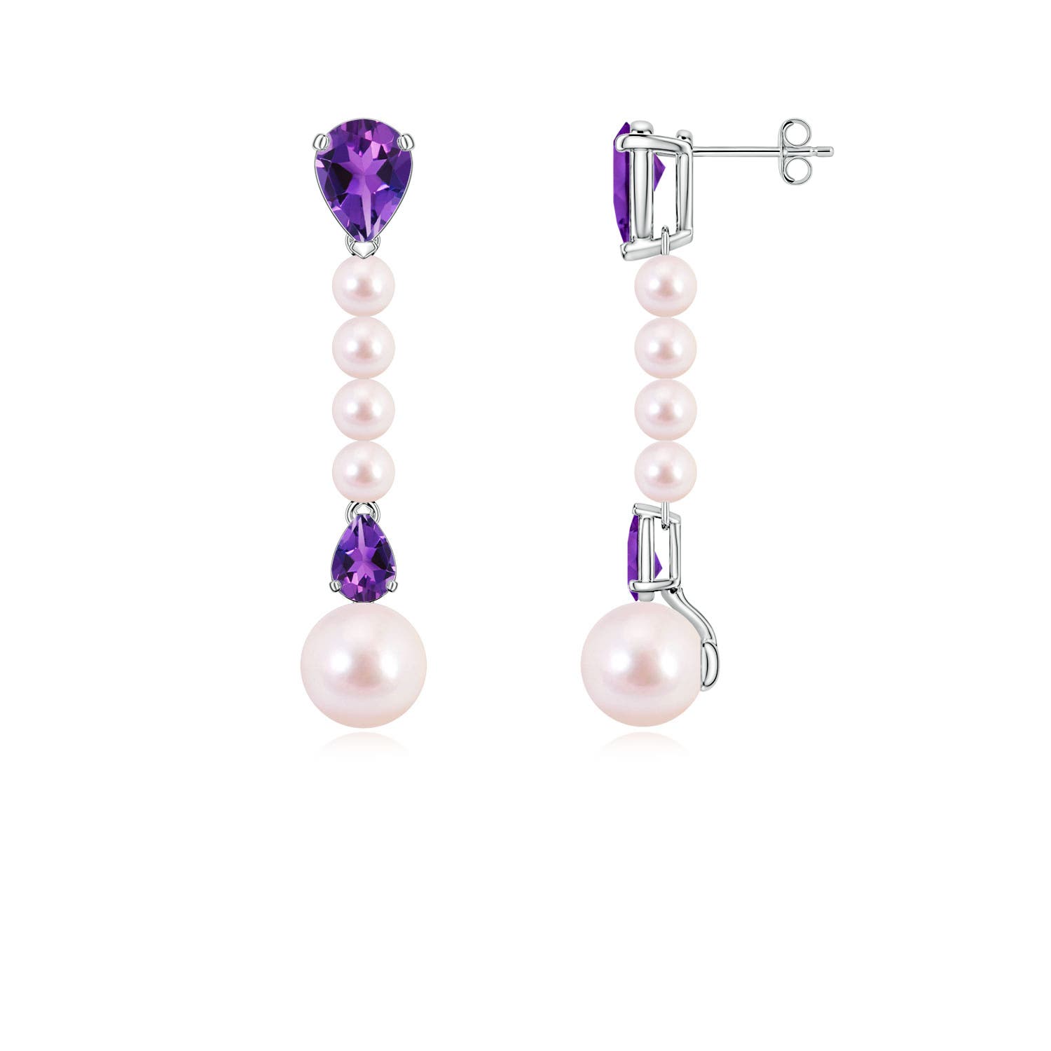 8mm AAAA Akoya Pearl and Pear Amethyst Long Dangle Earrings in White Gold