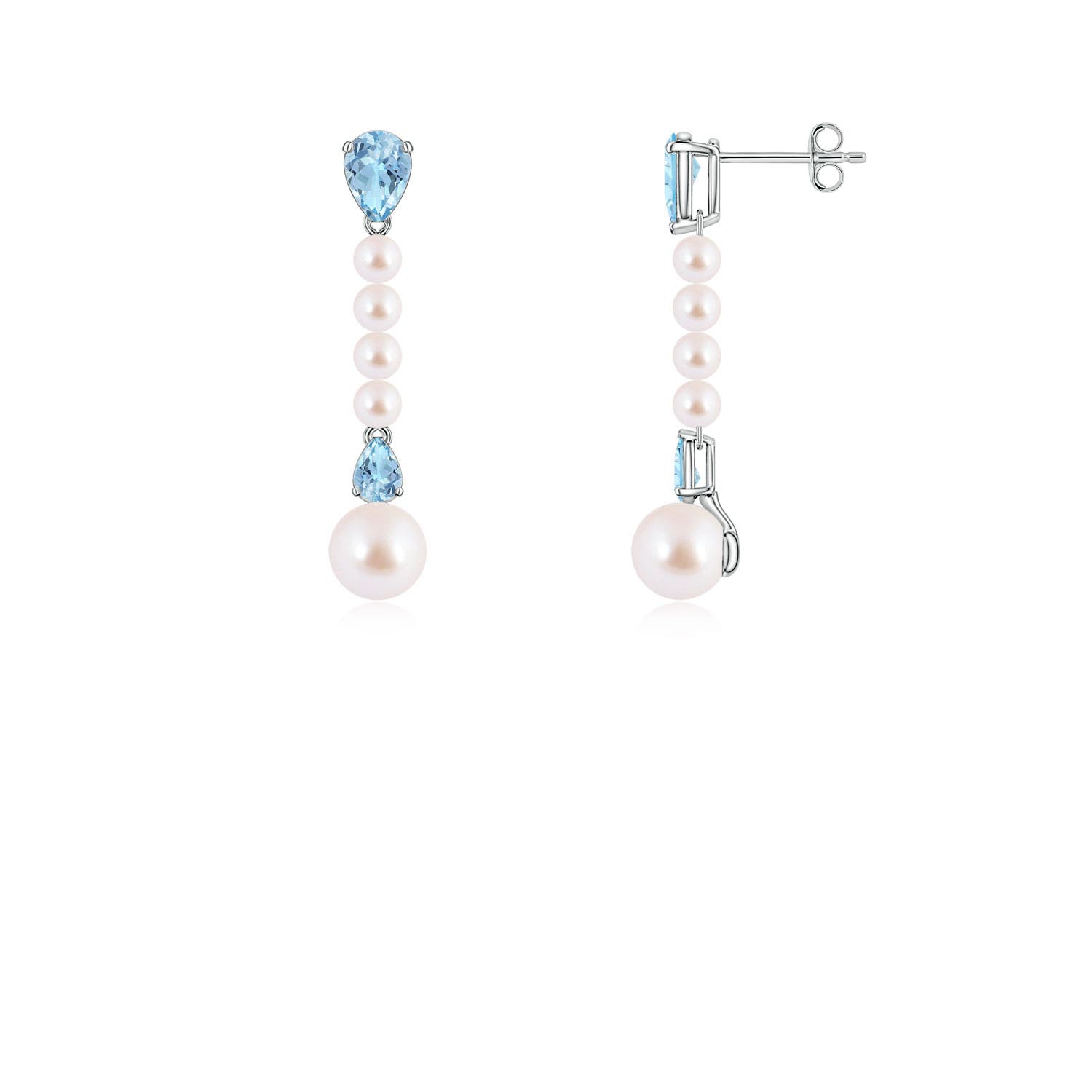 6mm AAA Akoya Pearl and Pear Aquamarine Long Dangle Earrings in 18K White Gold