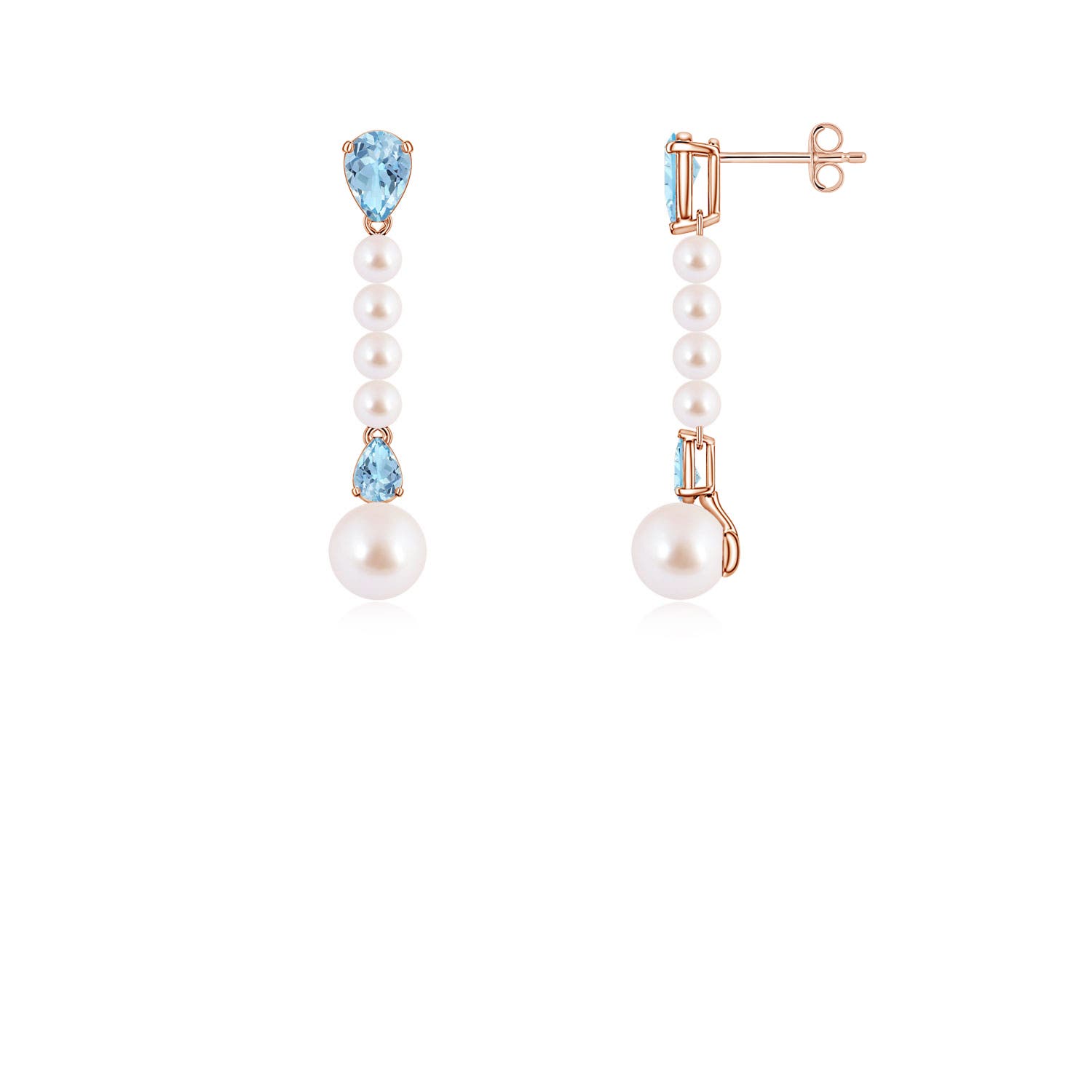 6mm AAA Akoya Pearl and Pear Aquamarine Long Dangle Earrings in Rose Gold