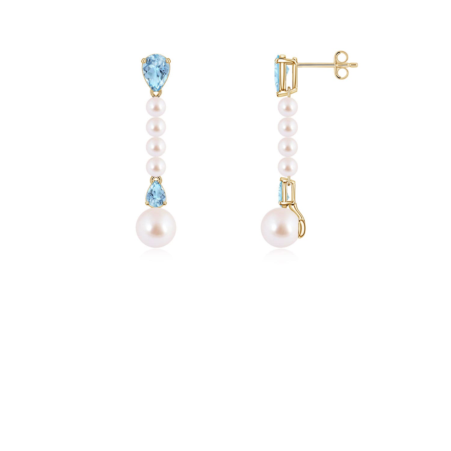 6mm AAA Akoya Pearl and Pear Aquamarine Long Dangle Earrings in Yellow Gold