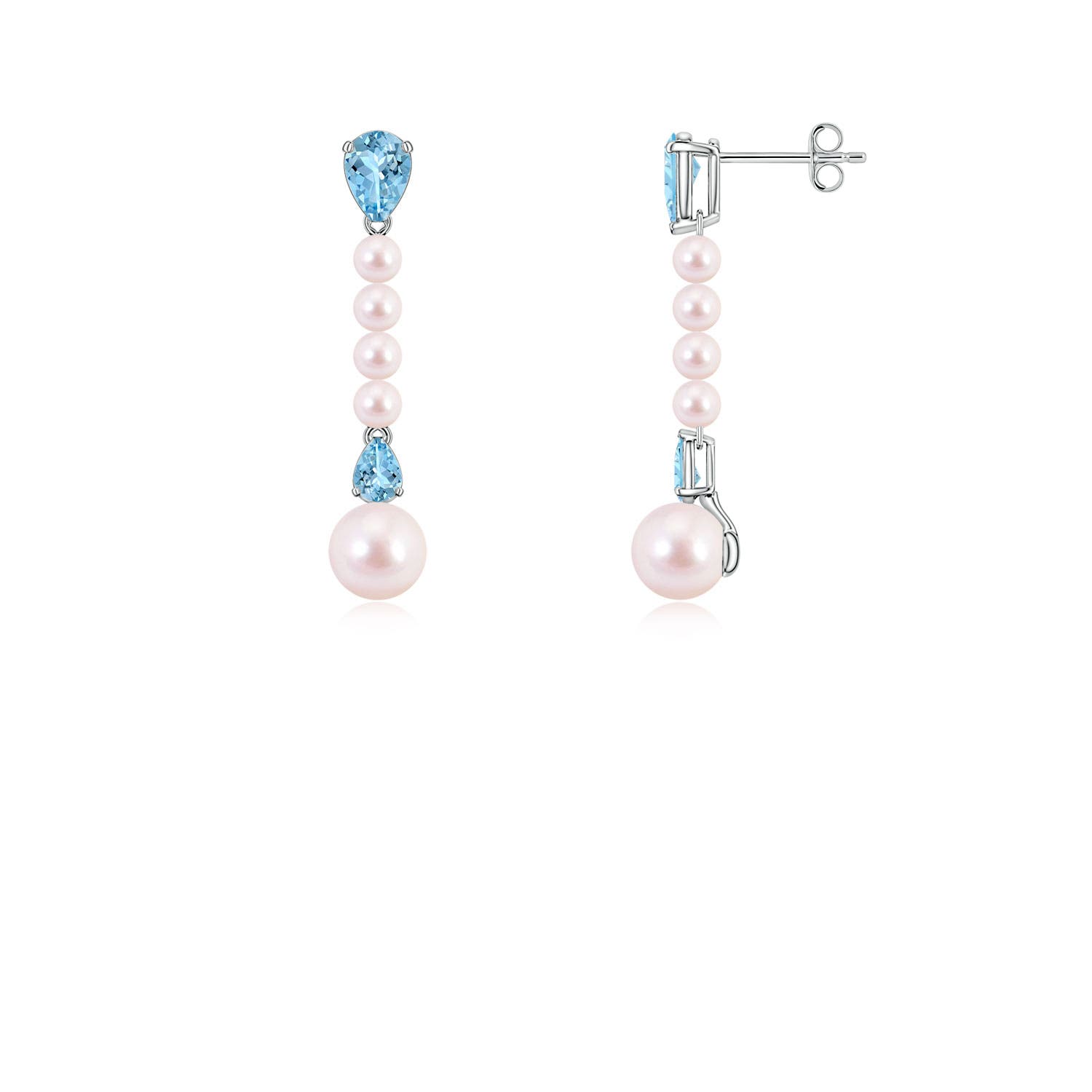 6mm AAAA Akoya Pearl and Pear Aquamarine Long Dangle Earrings in White Gold