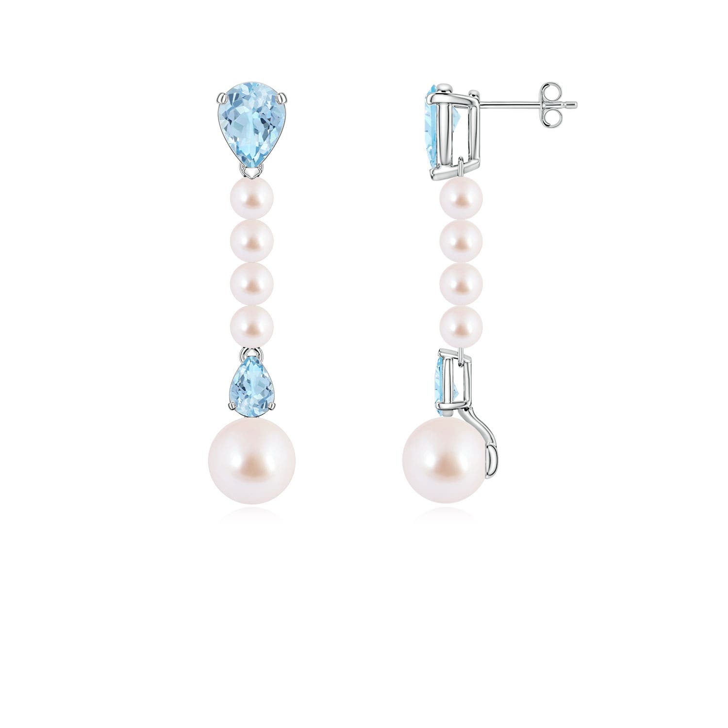 8mm AAA Akoya Pearl and Pear Aquamarine Long Dangle Earrings in White Gold