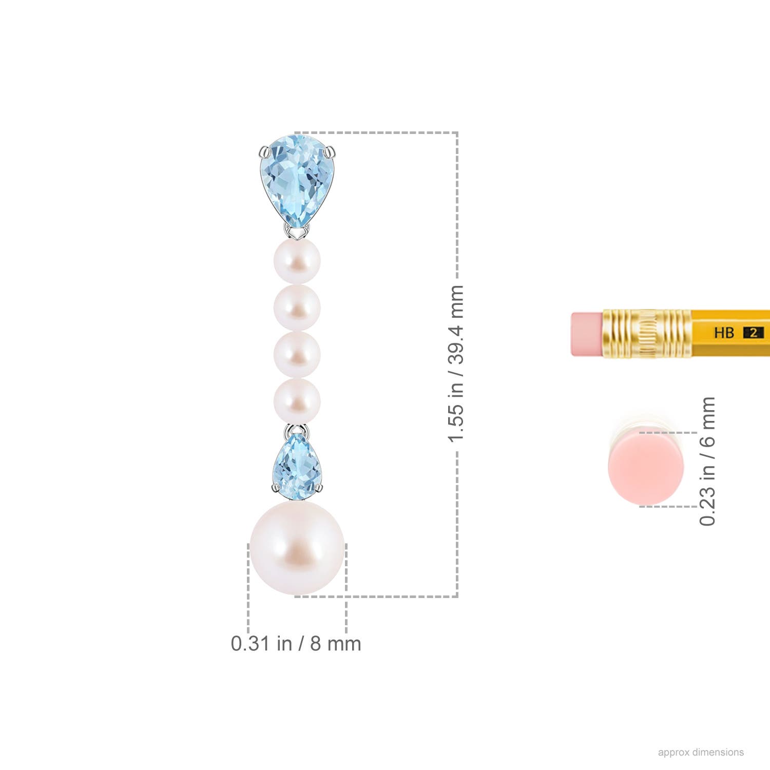 8mm AAA Akoya Pearl and Pear Aquamarine Long Dangle Earrings in White Gold - ruler