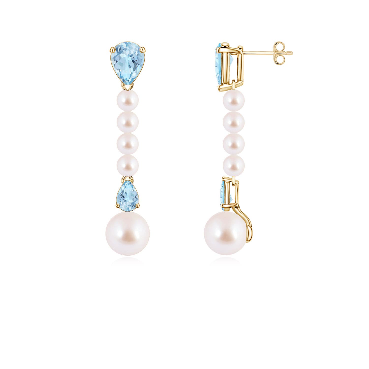 8mm AAA Akoya Pearl and Pear Aquamarine Long Dangle Earrings in Yellow Gold