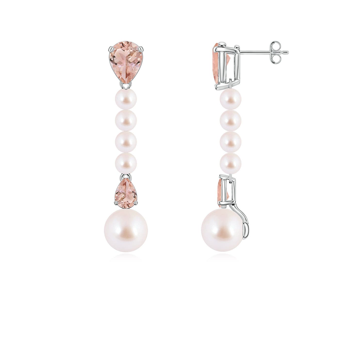 8mm AAA Akoya Pearl and Pear Morganite Long Dangle Earrings in White Gold
