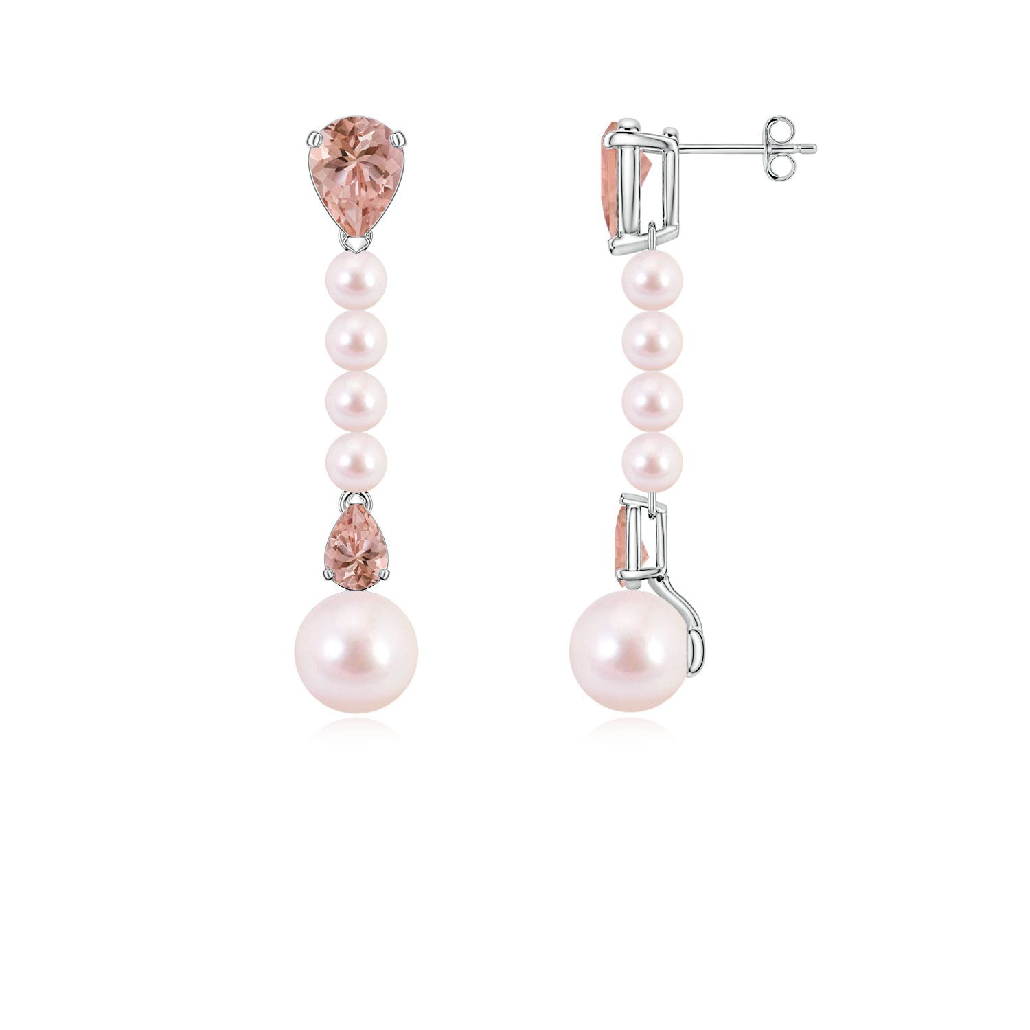 8mm AAAA Akoya Pearl and Pear Morganite Long Dangle Earrings in White Gold